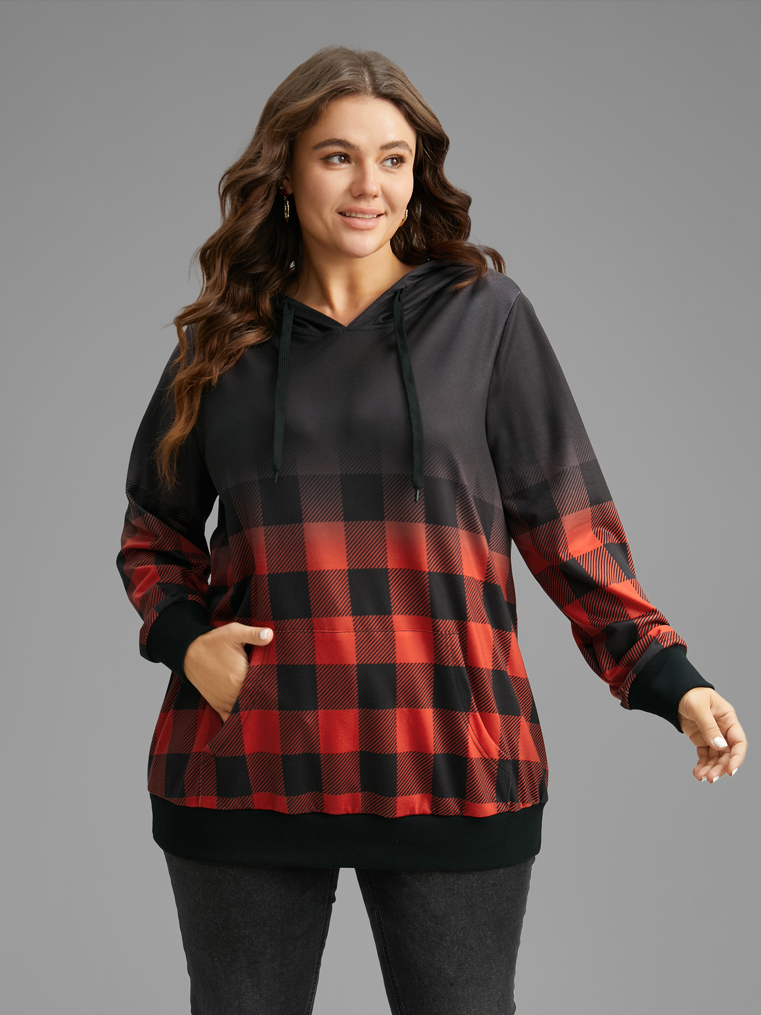 

Plus Size Rib Knit Ombre Plaid Pocket Hooded Sweatshirt Women Red Casual Rib Knit Hooded Festival-Christmas Sweatshirts BloomChic