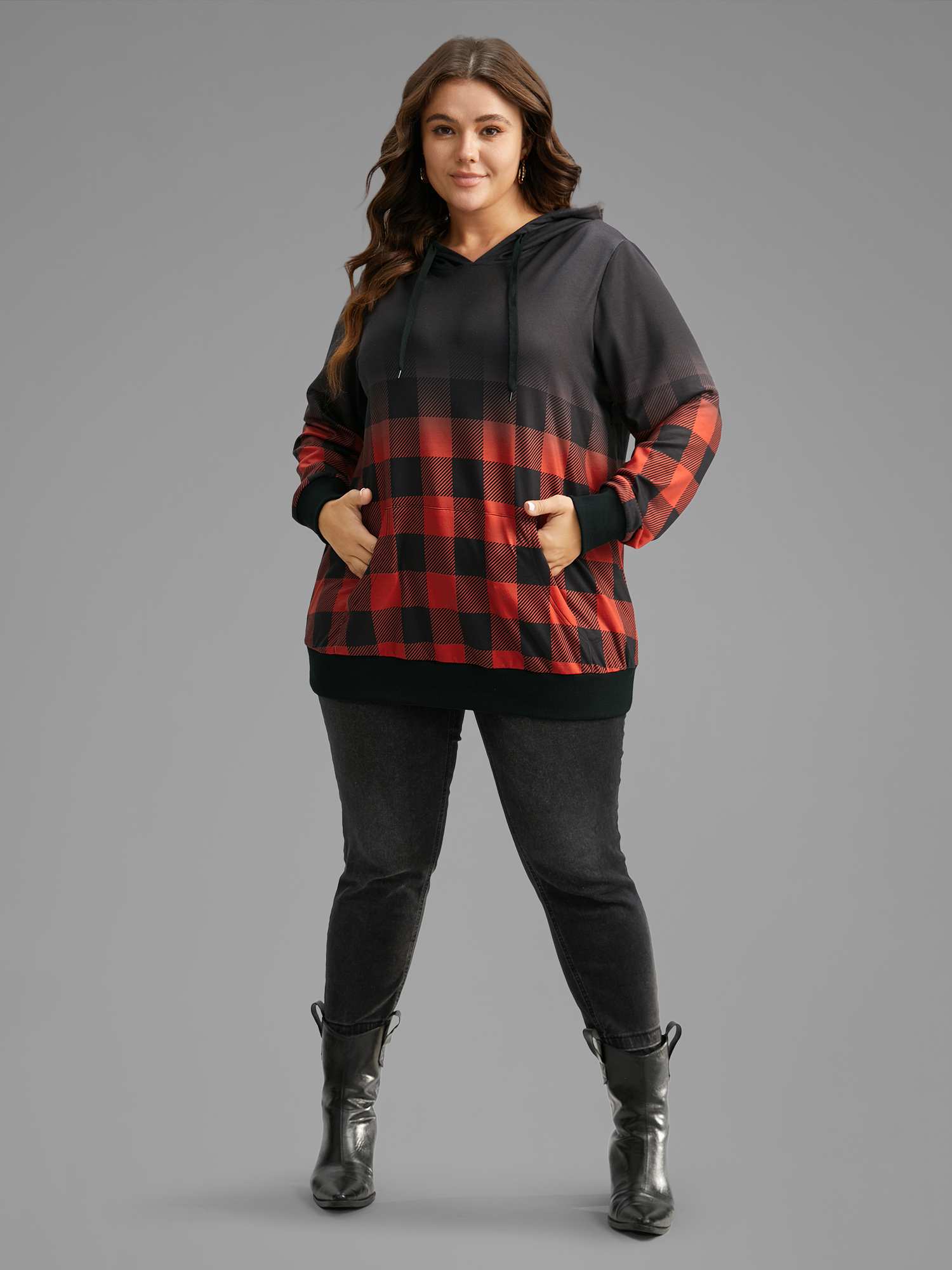 Plus Size Women Festival-Christmas Plaid Rib Knit Regular Regular Sleeve Long Sleeve Hooded Pocket Casual Sweatshirts BloomChic 