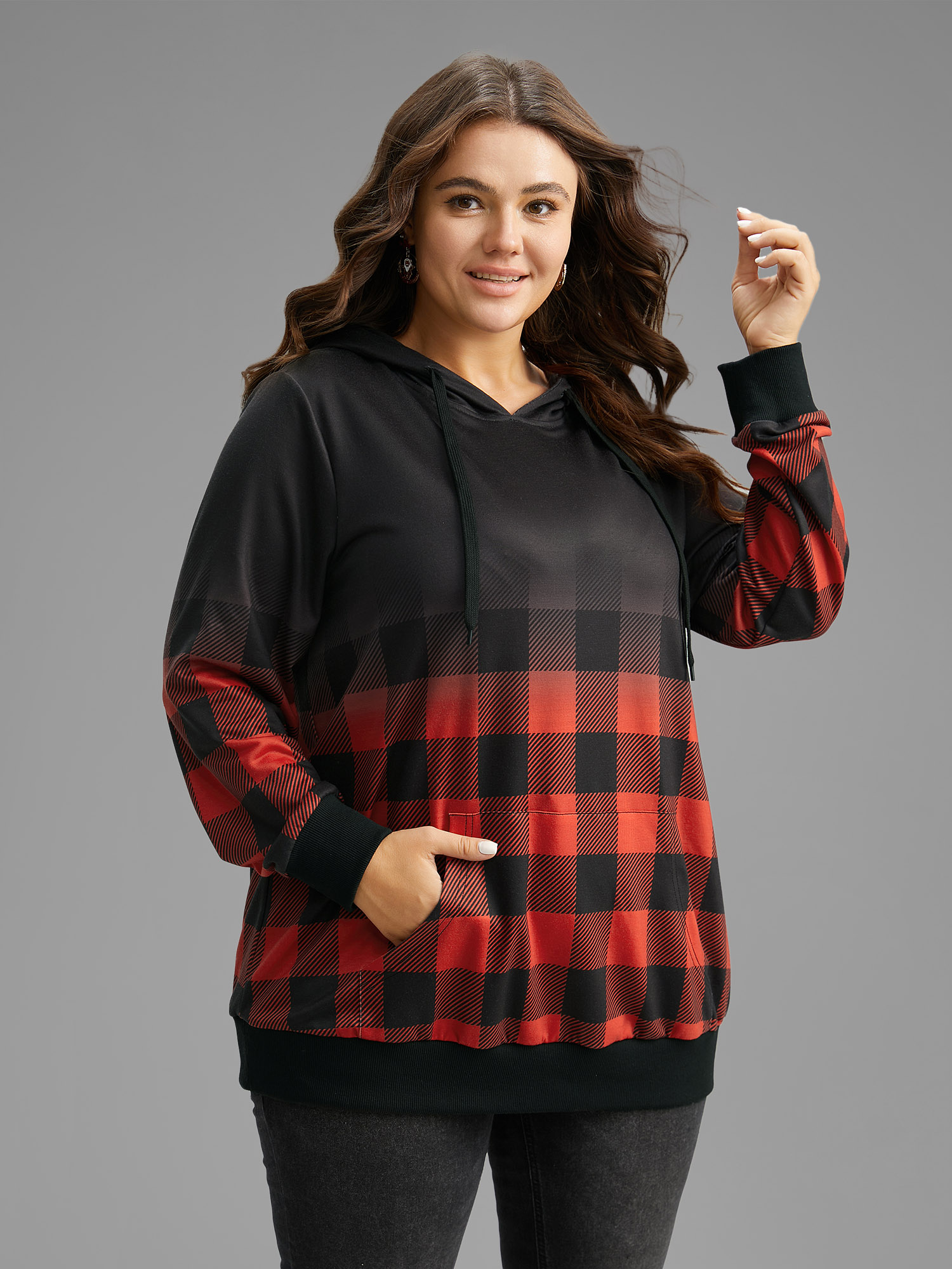 Plus Size Women Festival-Christmas Plaid Rib Knit Regular Regular Sleeve Long Sleeve Hooded Pocket Casual Sweatshirts BloomChic 