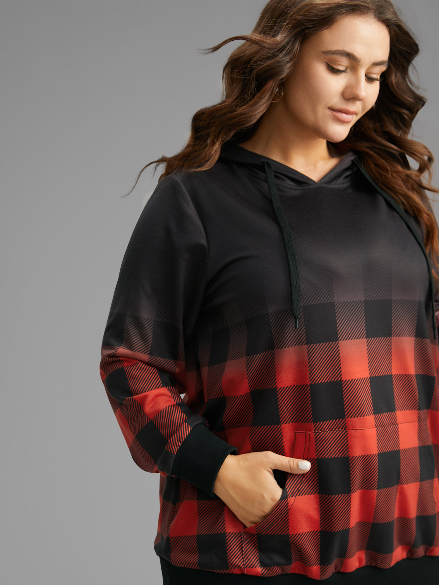 Plus Size Women Festival-Christmas Plaid Rib Knit Regular Regular Sleeve Long Sleeve Hooded Pocket Casual Sweatshirts BloomChic 