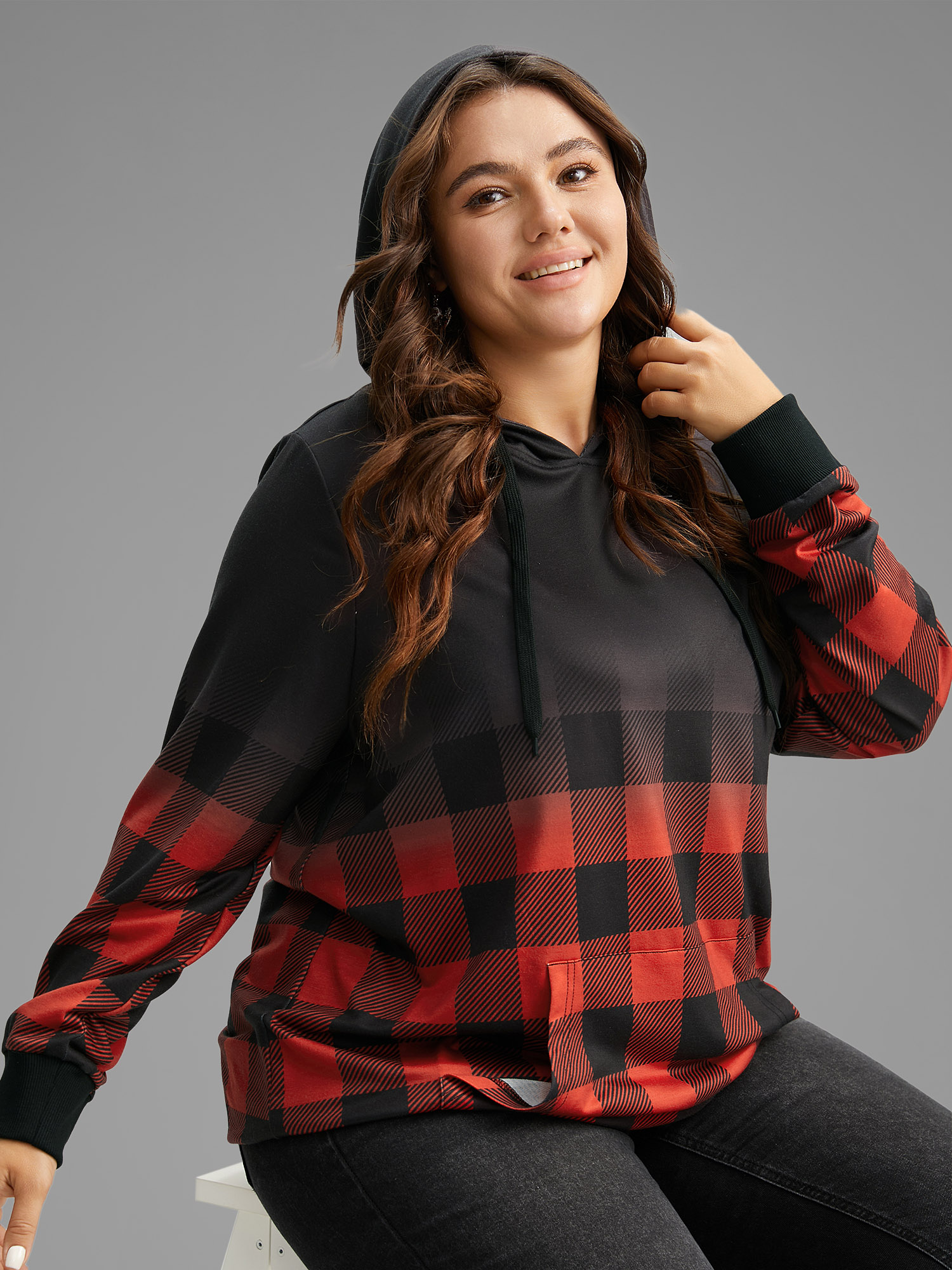 Plus Size Women Festival-Christmas Plaid Rib Knit Regular Regular Sleeve Long Sleeve Hooded Pocket Casual Sweatshirts BloomChic 