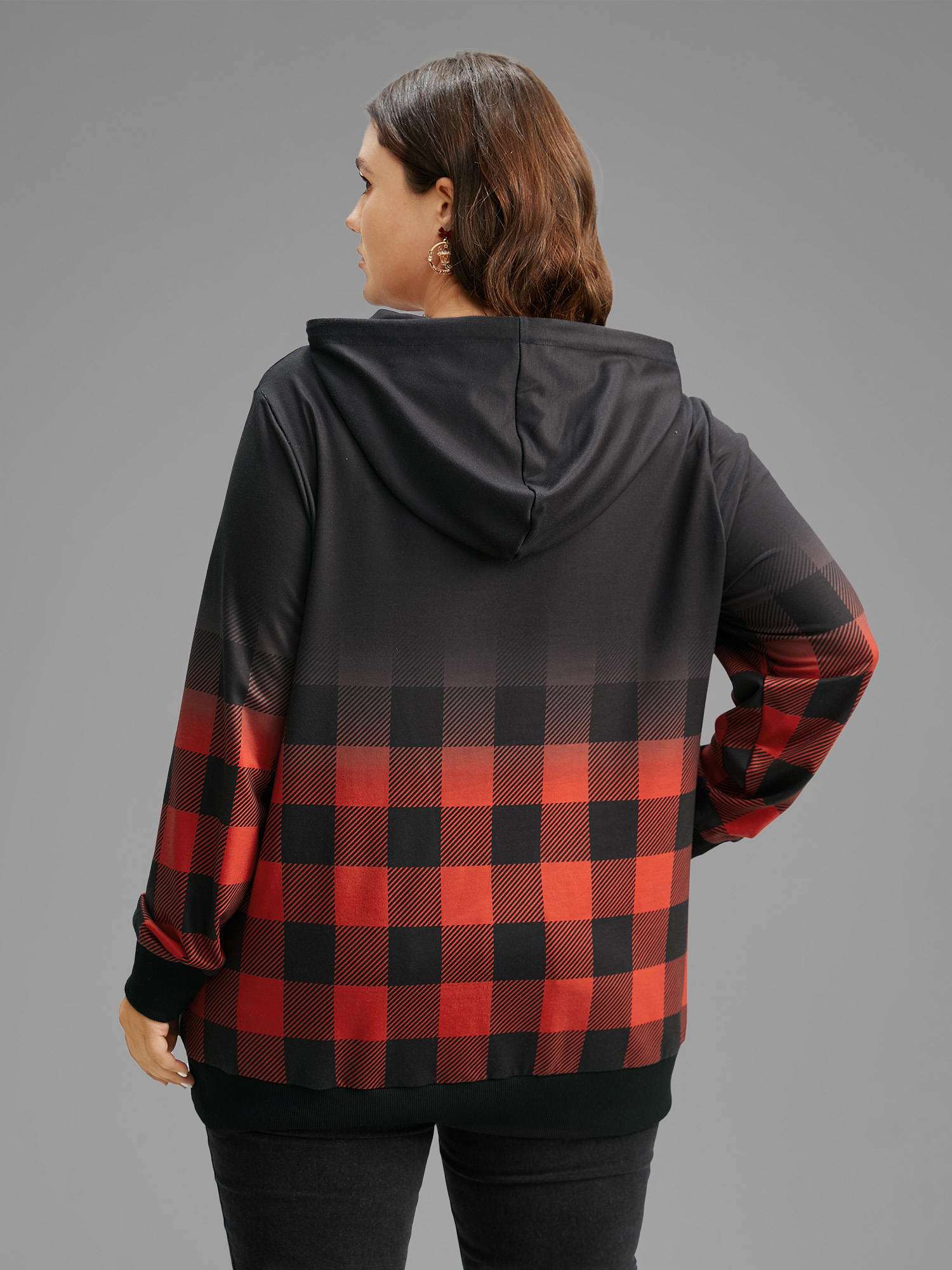 Plus Size Women Festival-Christmas Plaid Rib Knit Regular Regular Sleeve Long Sleeve Hooded Pocket Casual Sweatshirts BloomChic 