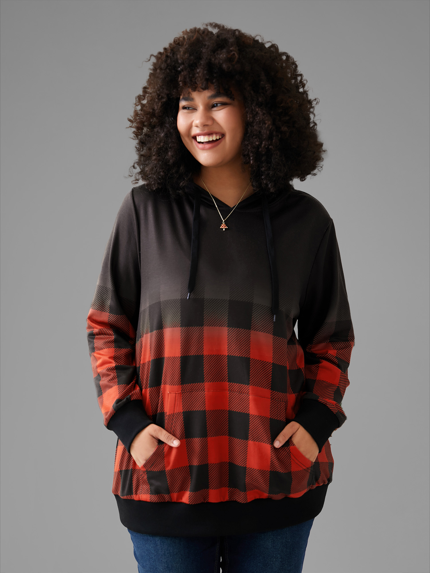 Plus Size Women Festival-Christmas Plaid Rib Knit Regular Regular Sleeve Long Sleeve Hooded Pocket Casual Sweatshirts BloomChic 