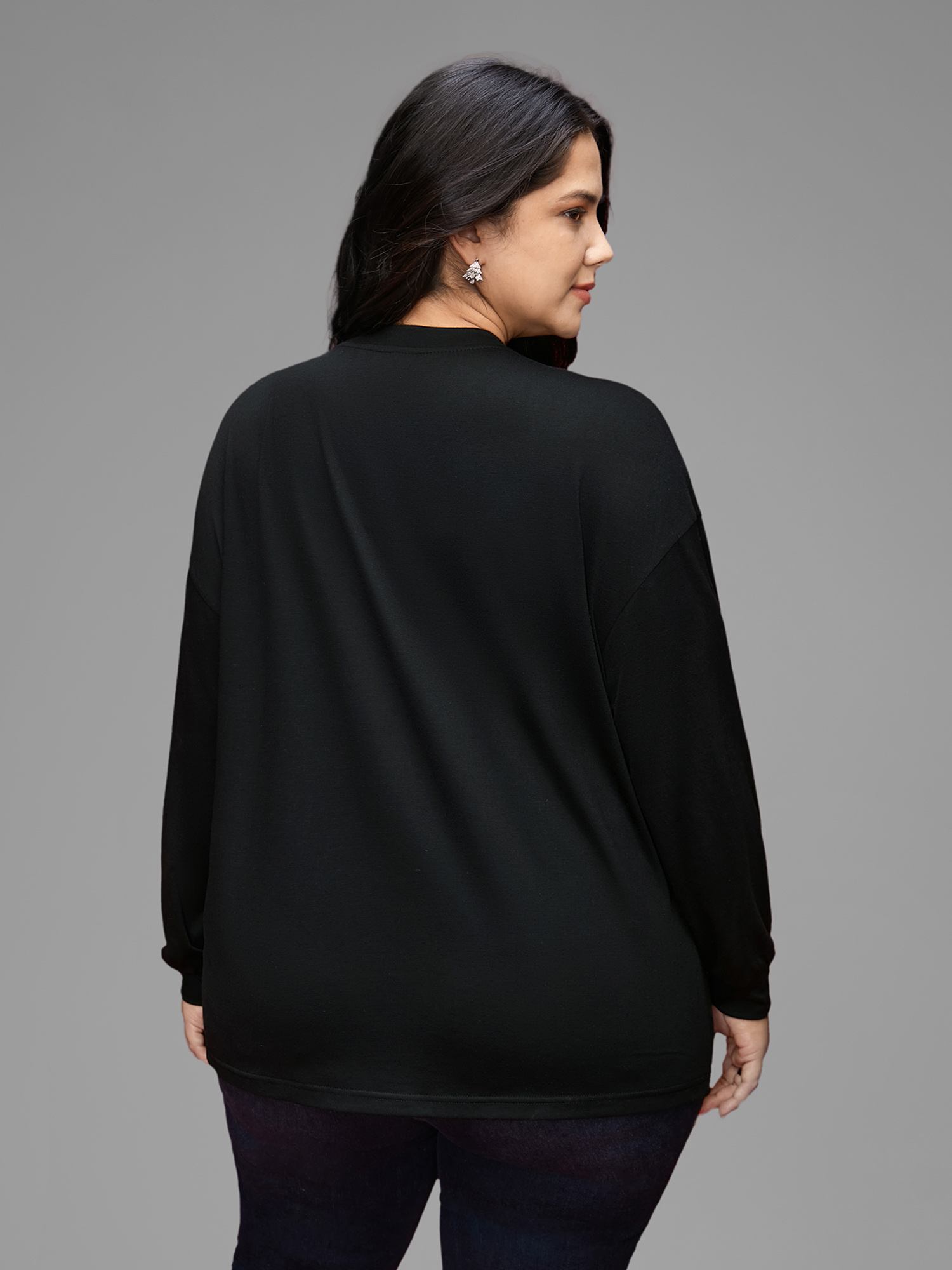 

Plus Size Rhinestone Embellished Shoulder Round Neck Tee Black Women Casual Rhinestone detailing Round Neck Everyday T-shirts BloomChic