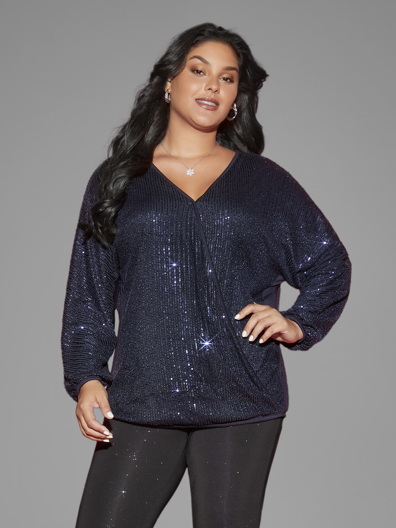 

Plus Size Shimmery Sequin Embellished Wrap Blouse Midnight Overlap Collar Extra Long Sleeve Elegant Jersey Tops