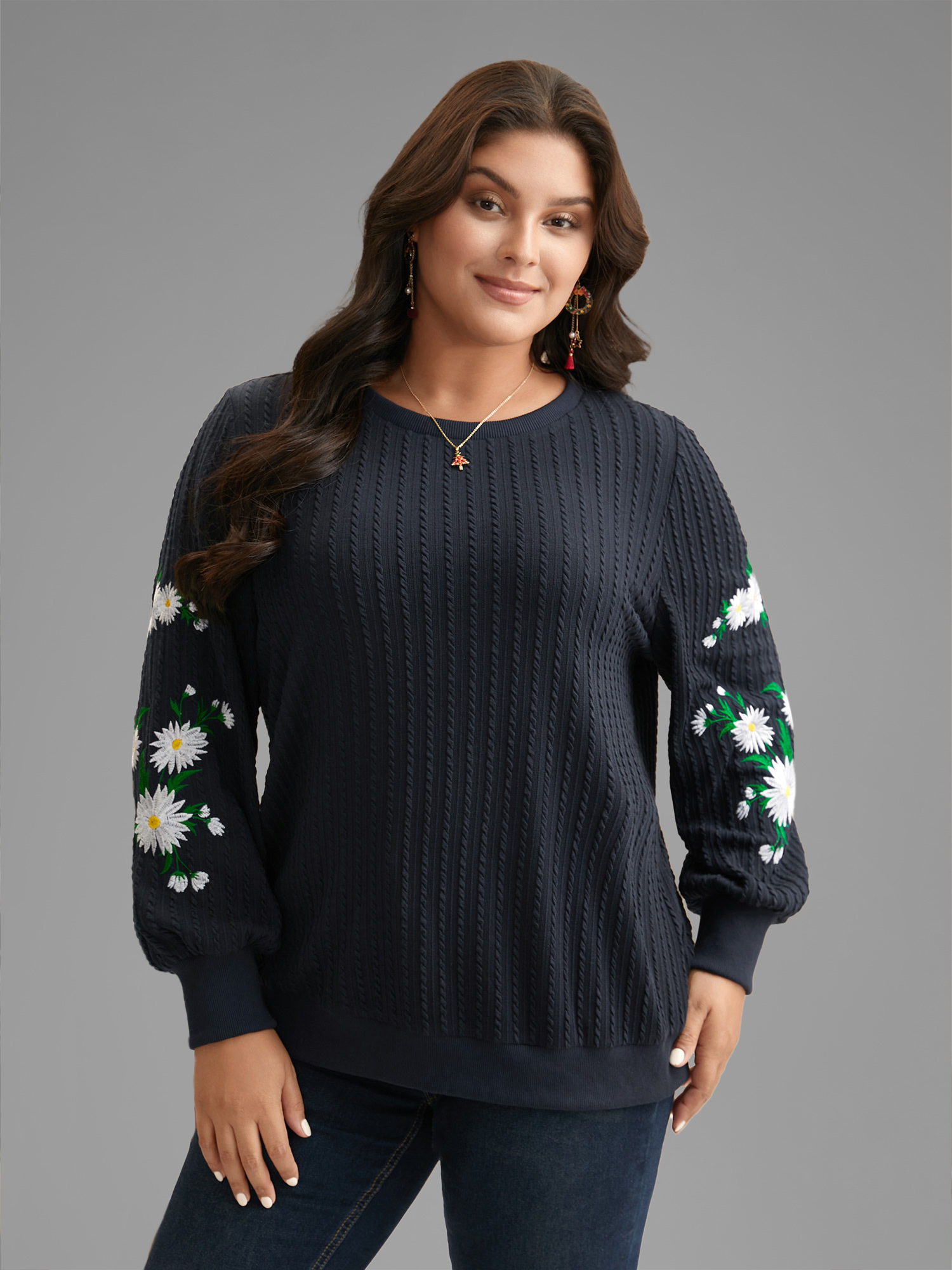 

Plus Size Floral Embroidered Sleeves Sweatshirt Women Indigo Casual Texture Round Neck Everyday Sweatshirts BloomChic