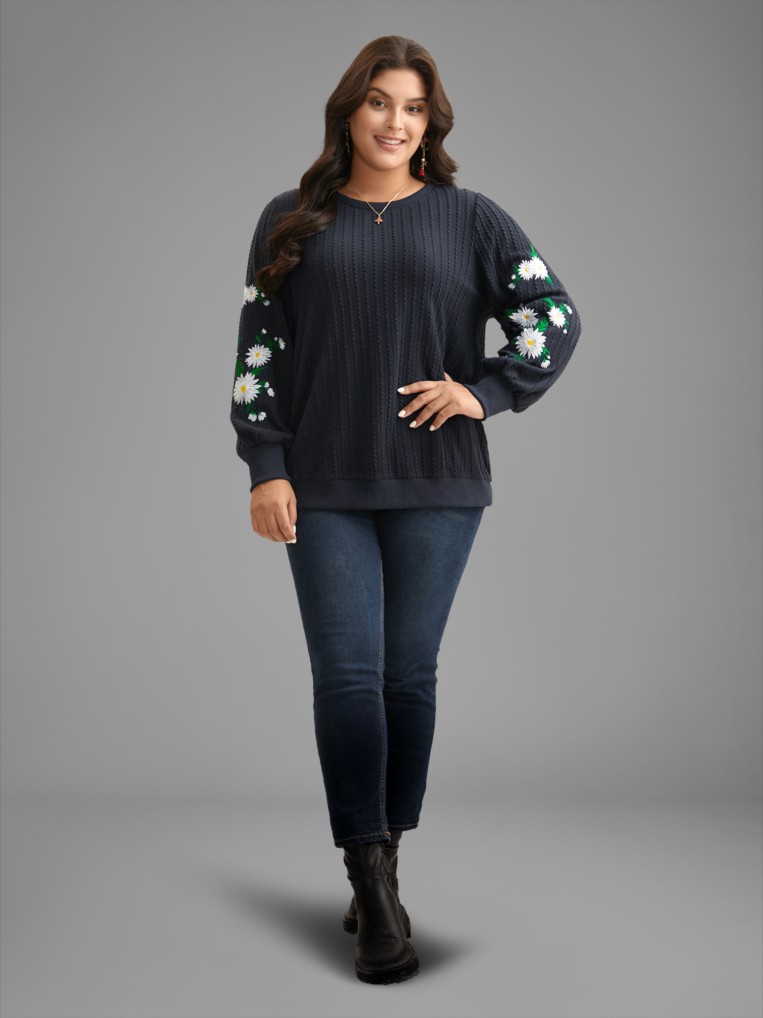 Plus Size Floral Embroidered Sleeves Sweatshirt Women Indigo Casual Texture Round Neck Everyday Sweatshirts BloomChic 14-16/1X 