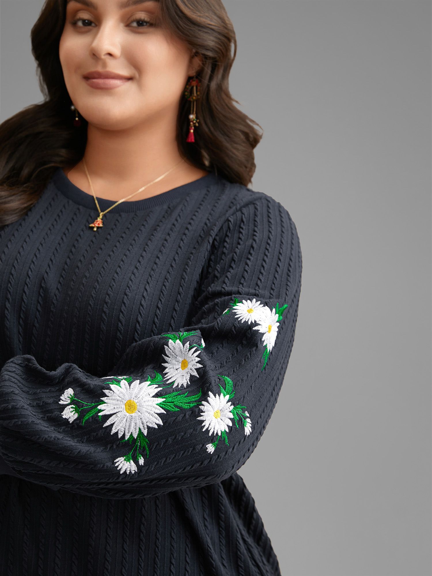Plus Size Floral Embroidered Sleeves Sweatshirt Women Indigo Casual Texture Round Neck Everyday Sweatshirts BloomChic 14-16/1X 