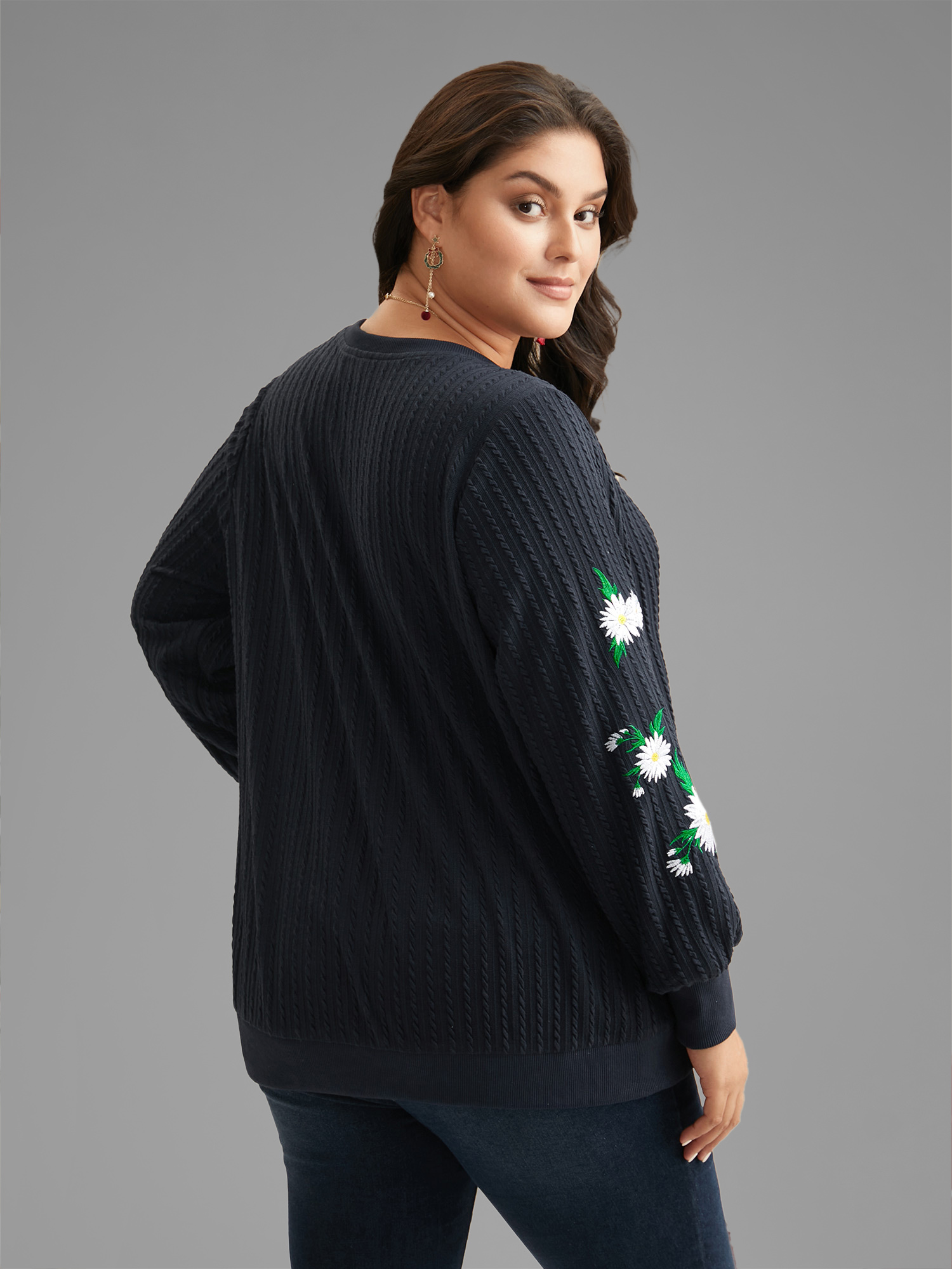 Plus Size Floral Embroidered Sleeves Sweatshirt Women Indigo Casual Texture Round Neck Everyday Sweatshirts BloomChic 14-16/1X 