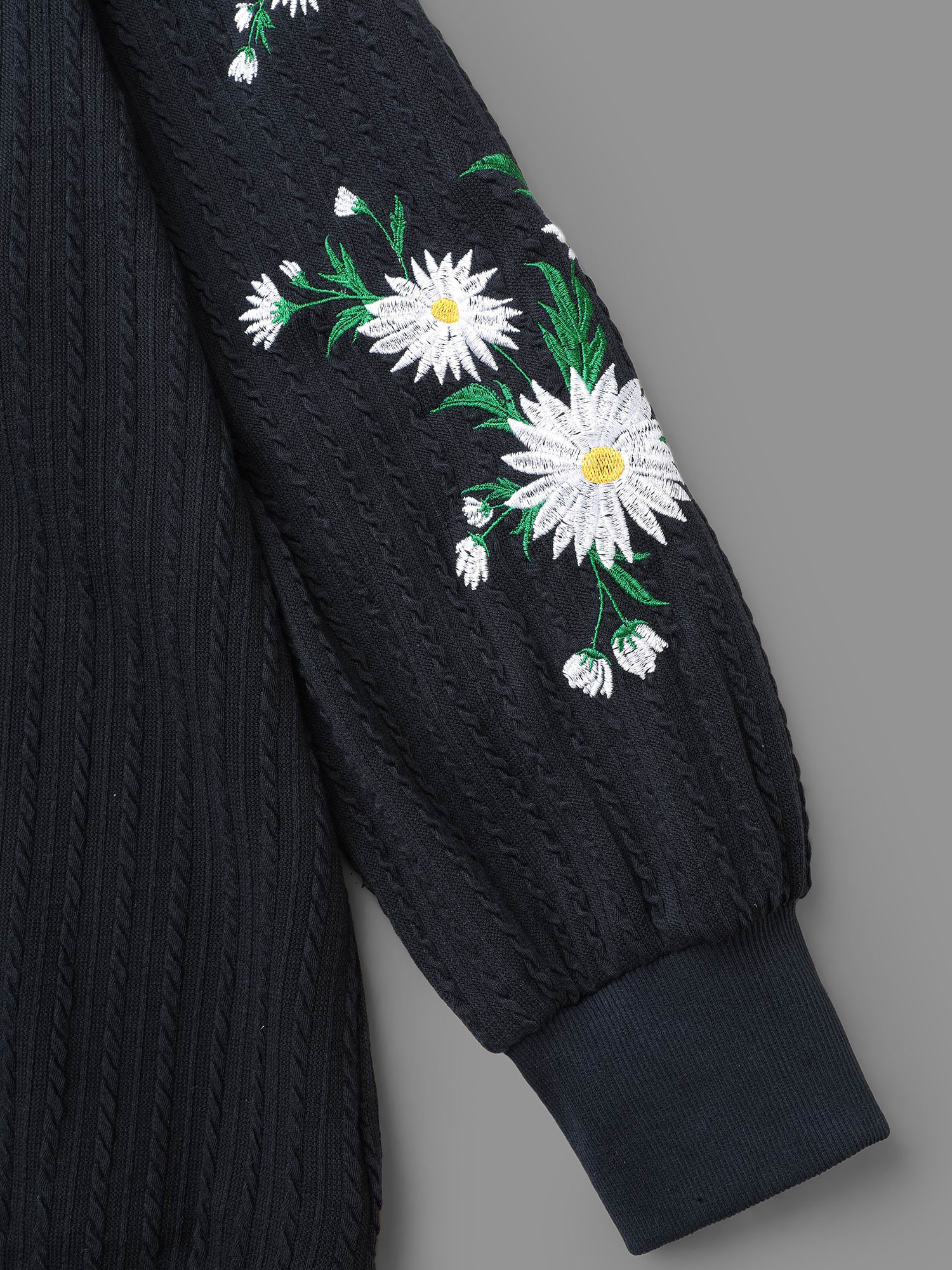 Plus Size Floral Embroidered Sleeves Sweatshirt Women Indigo Casual Texture Round Neck Everyday Sweatshirts BloomChic 14-16/1X 