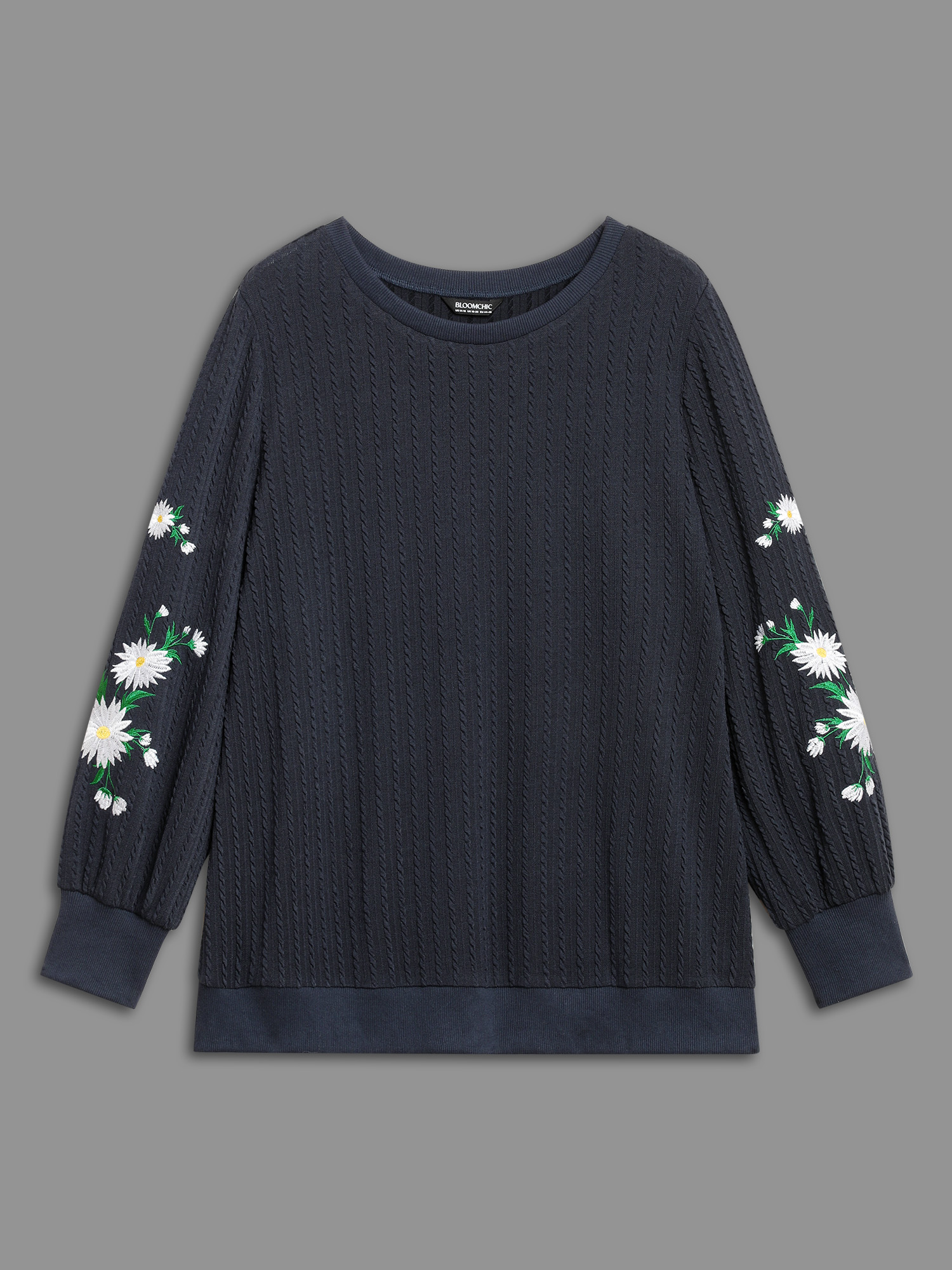 Plus Size Floral Embroidered Sleeves Sweatshirt Women Indigo Casual Texture Round Neck Everyday Sweatshirts BloomChic 14-16/1X 