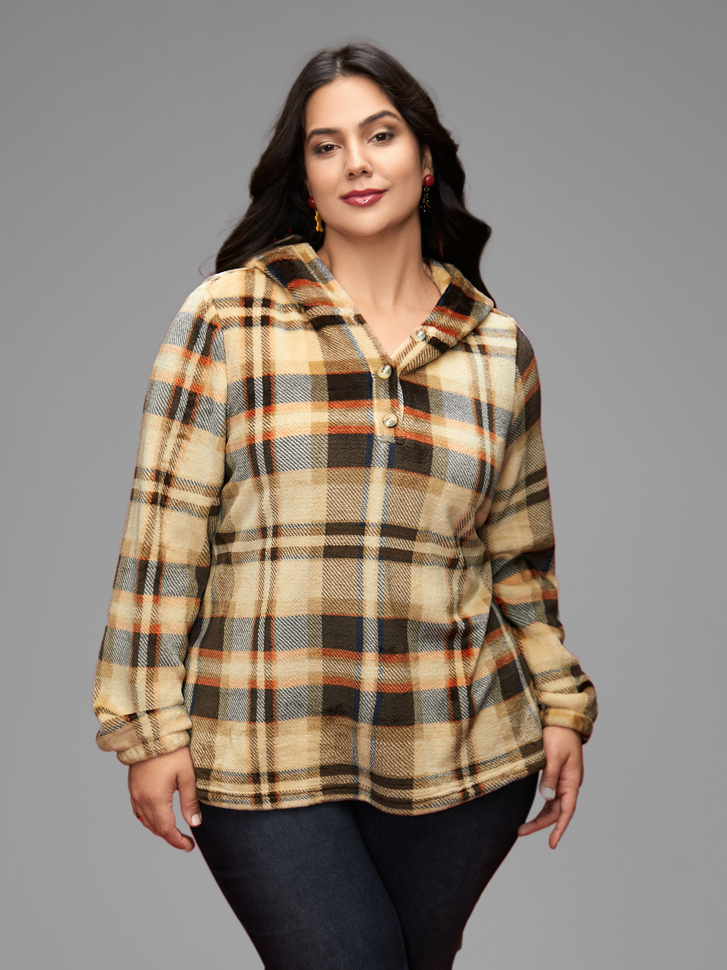 

Plus Size Fuzzy Pullover Plaid Hoodie Women Multicolor Casual Button Loose Hooded Everyday Sweatshirts BloomChic