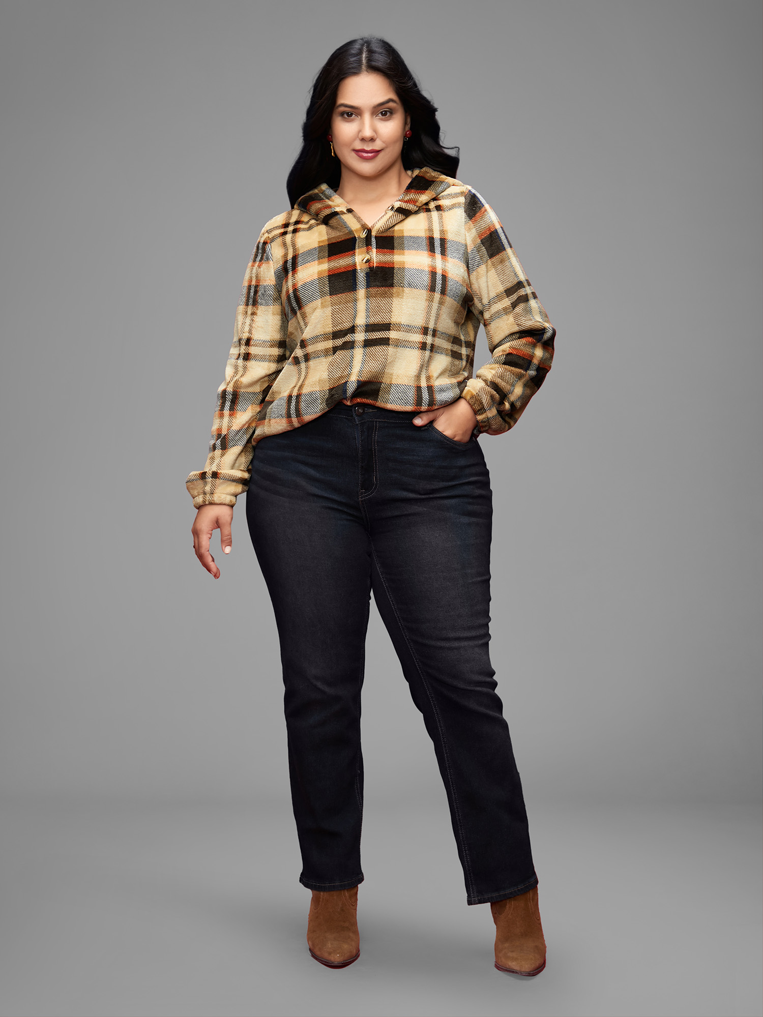 

Plus Size Fuzzy Pullover Plaid Hoodie Women Multicolor Casual Button Loose Hooded Everyday Sweatshirts BloomChic