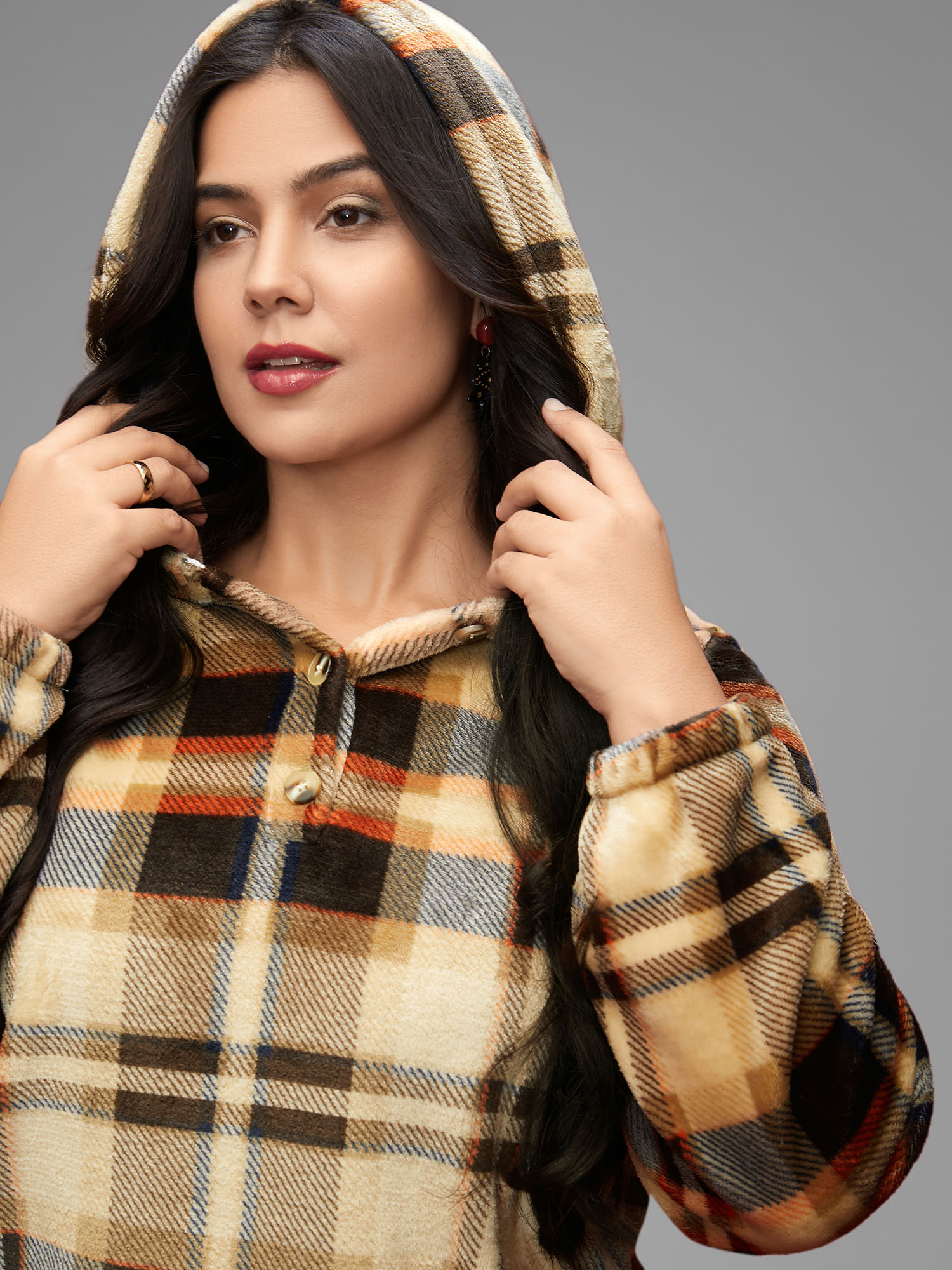 Plus Size Fuzzy Pullover Plaid Hoodie Women Multicolor Casual Button Loose Hooded Everyday Sweatshirts BloomChic 22-24/3X 