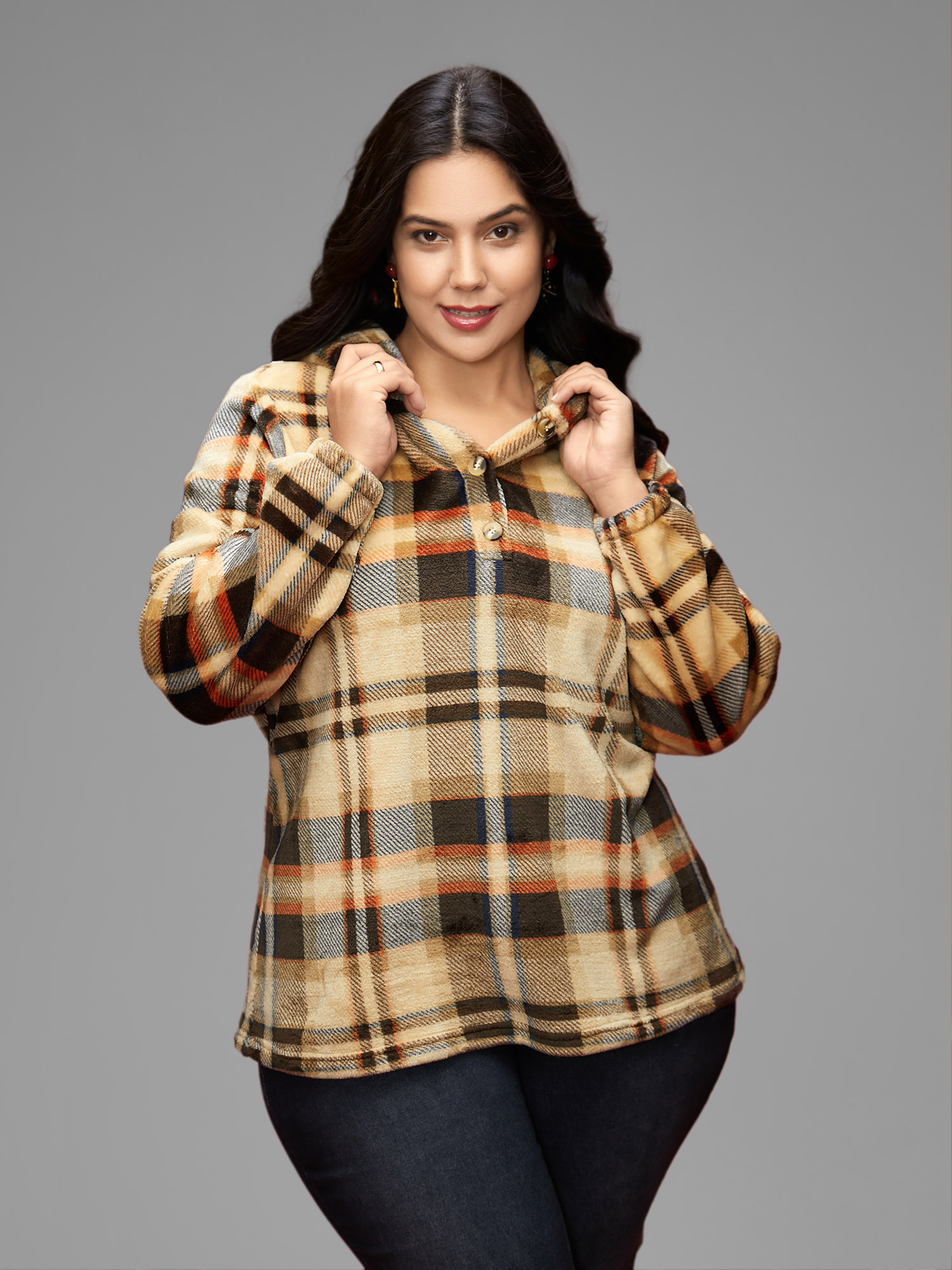 Plus Size Fuzzy Pullover Plaid Hoodie Women Multicolor Casual Button Loose Hooded Everyday Sweatshirts BloomChic 22-24/3X 