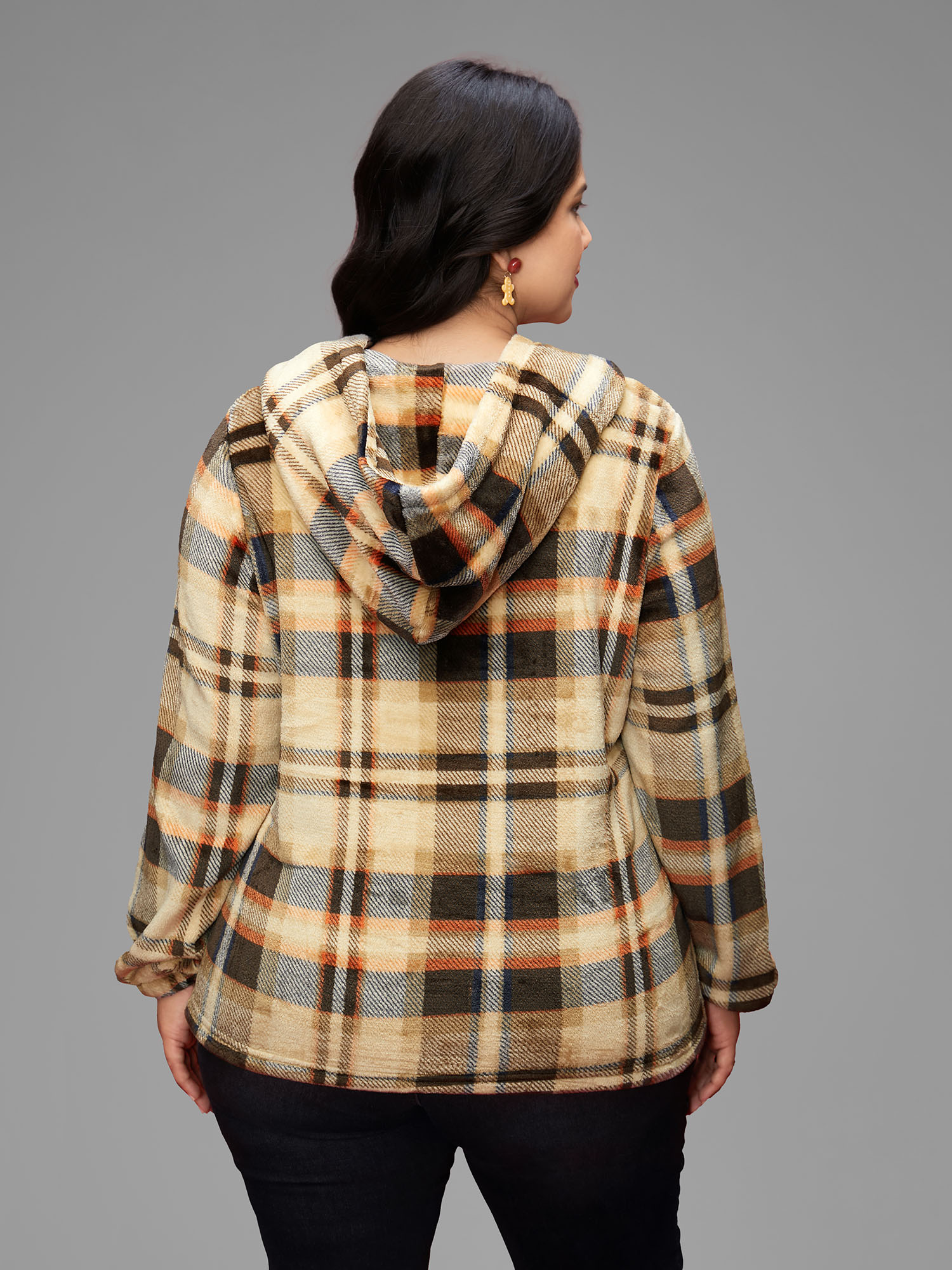 Plus Size Fuzzy Pullover Plaid Hoodie Women Multicolor Casual Button Loose Hooded Everyday Sweatshirts BloomChic 22-24/3X 