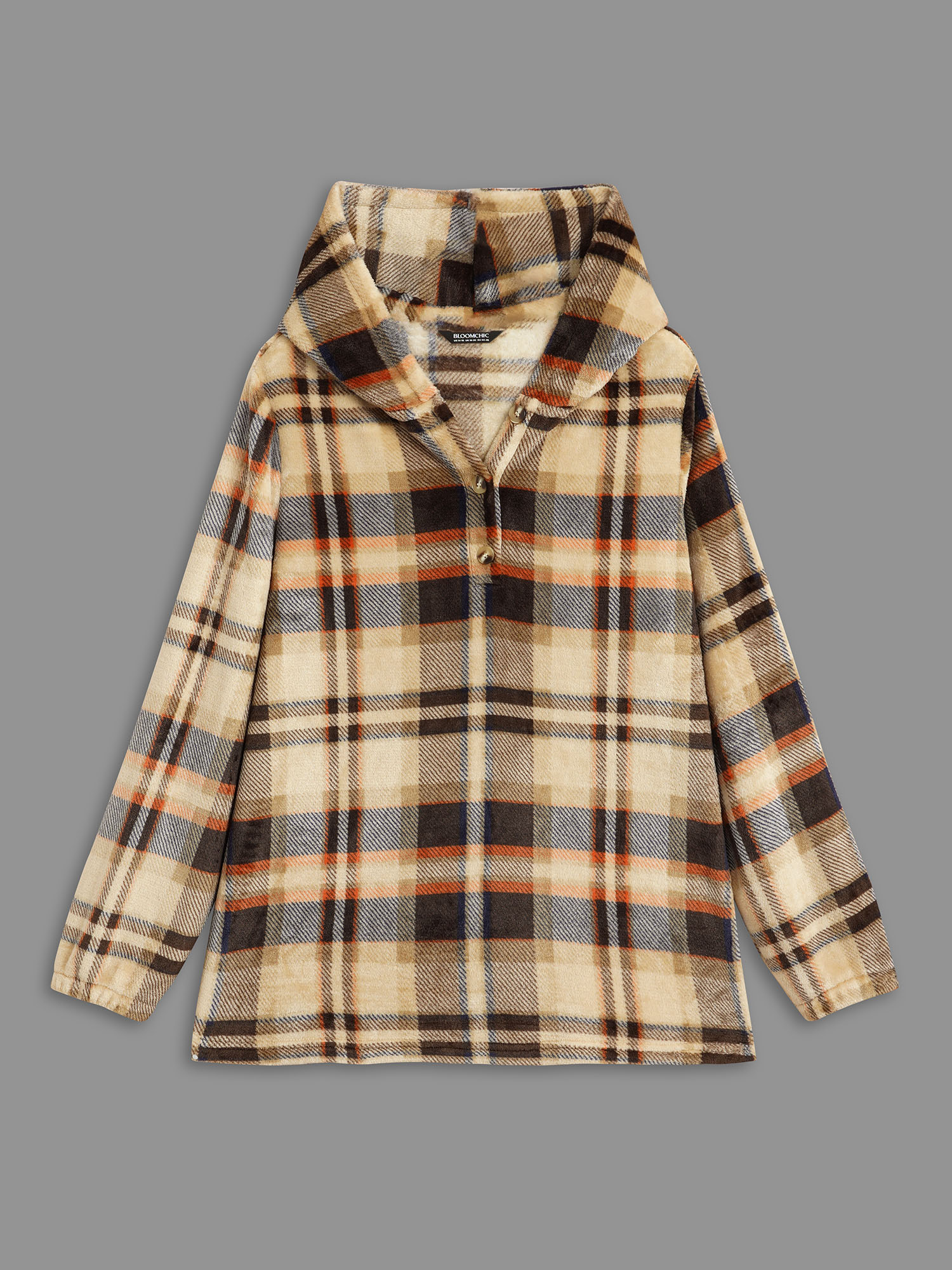 Plus Size Fuzzy Pullover Plaid Hoodie Women Multicolor Casual Button Loose Hooded Everyday Sweatshirts BloomChic 22-24/3X 