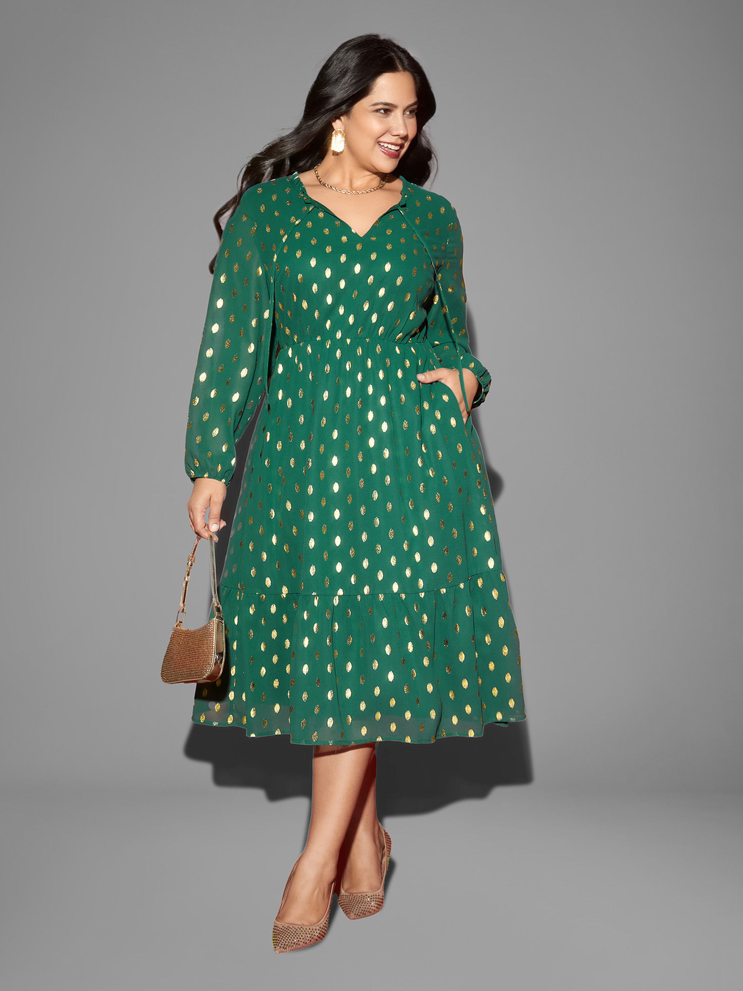 

Plus Size Glitter Notched Collar Tiered Hem Midi Dress ArmyGreen Women Cocktail Tie knot Party Curvy Bloomchic