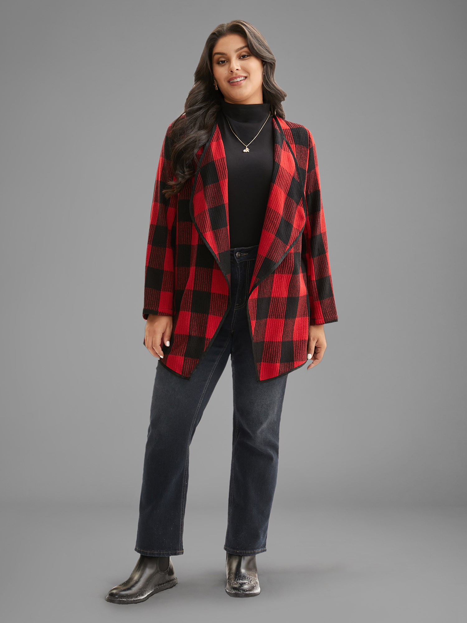 

Plus Size Festive Plaid Curved Hem Cardigan Women Brightred Contrast Loose Side seam pocket Everyday Jackets BloomChic