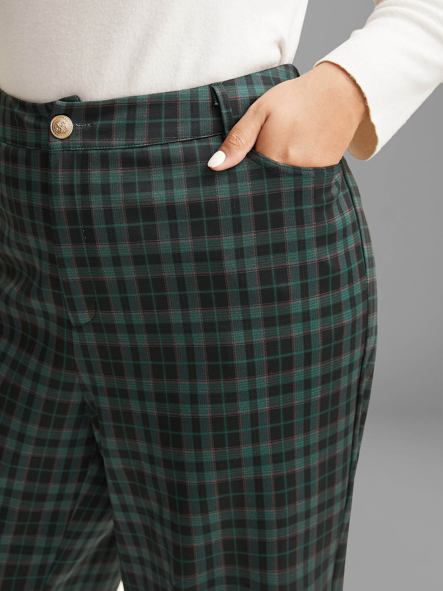 

Plus Size Plaid Pattern Straight-Leg Mid Rise Pants Women DarkGreen Elegant Straight Leg Mid Rise Everyday Pants BloomChic