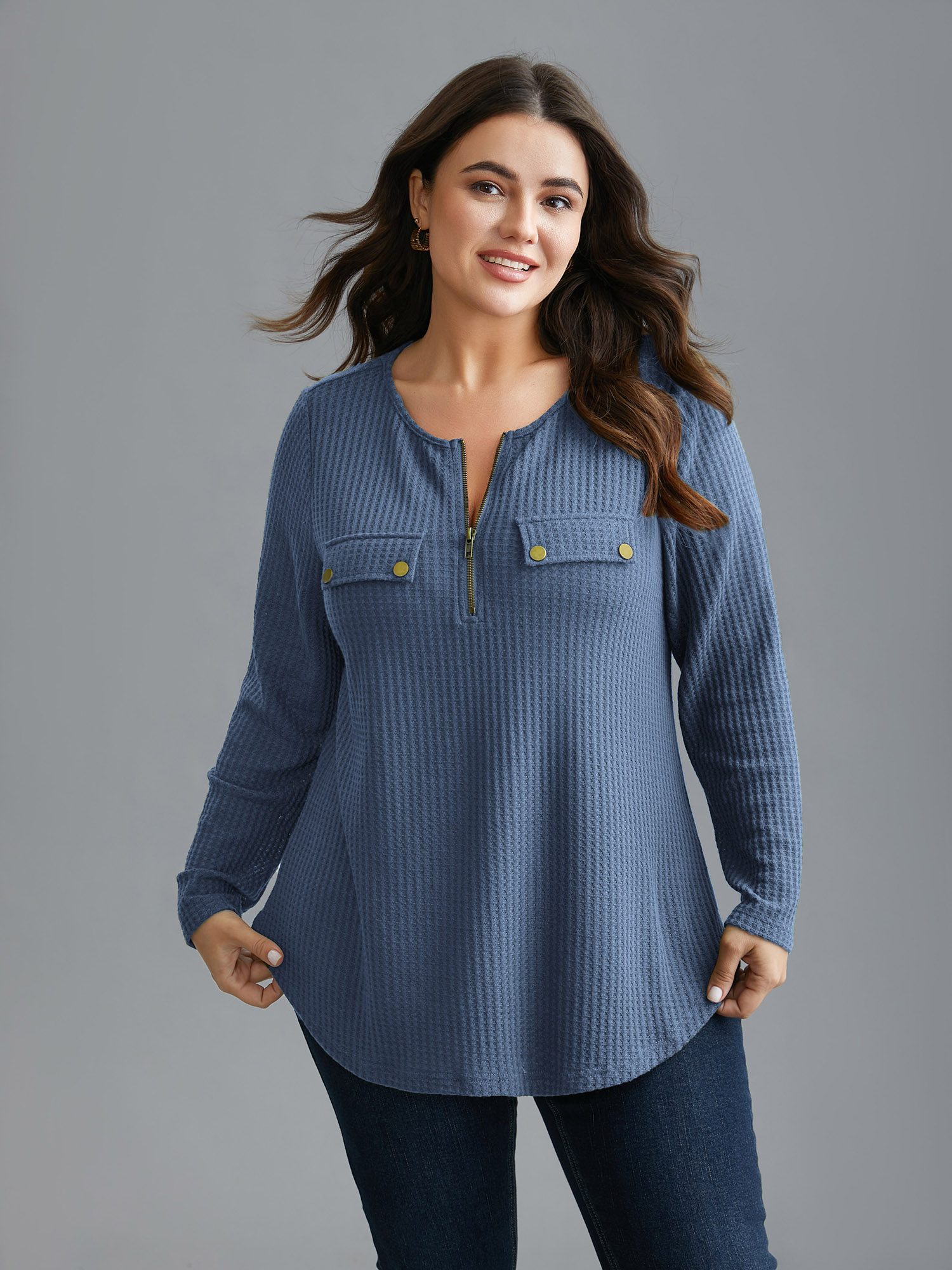 

Plus Size Half Zipper Flap Detail Pockets Knit Top Stone Round Neck Long Sleeve Elegant Jersey Tops