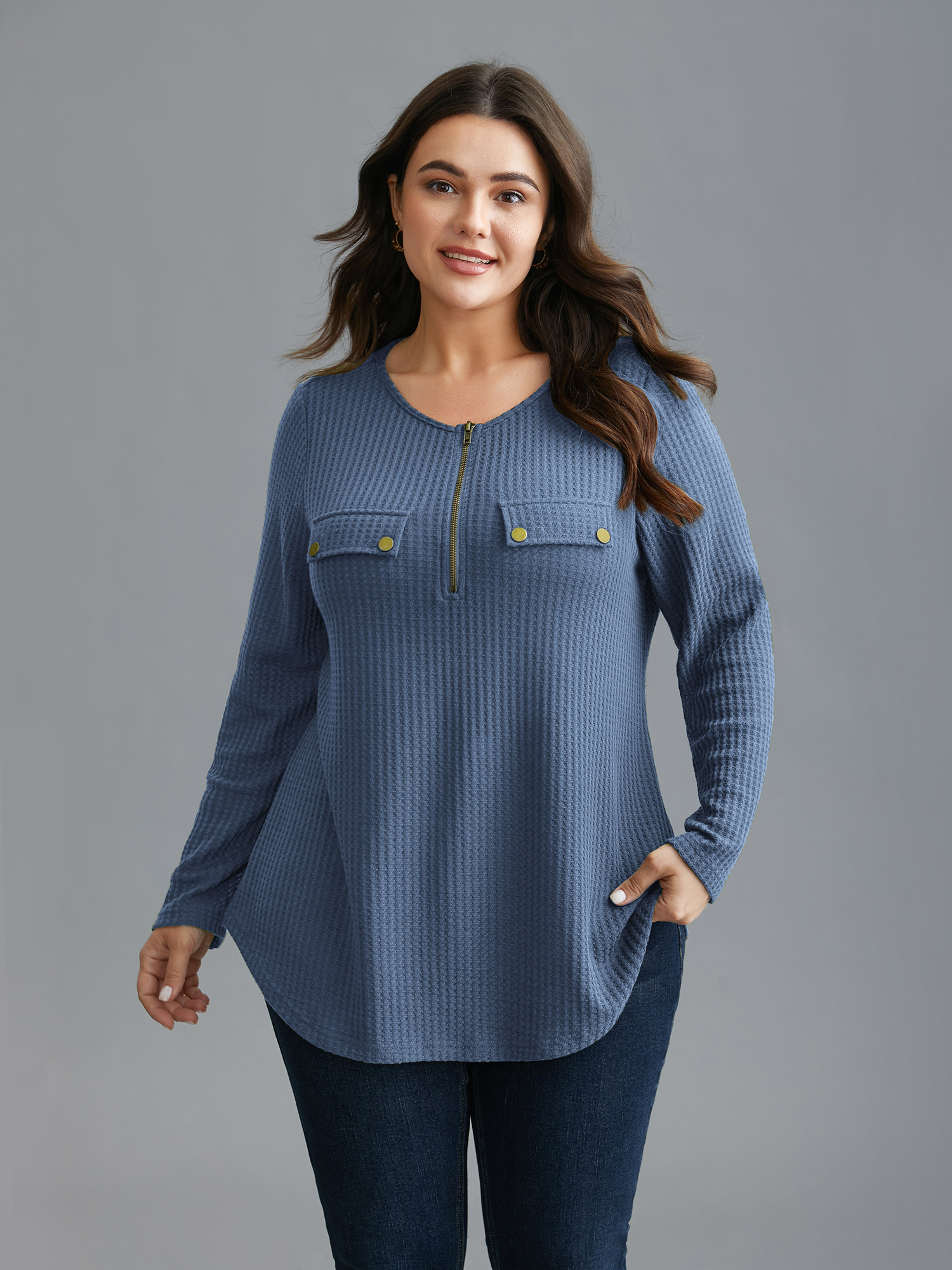 

Plus Size Half Zipper Flap Detail Pockets Knit Top Stone Round Neck Long Sleeve Elegant Jersey Tops