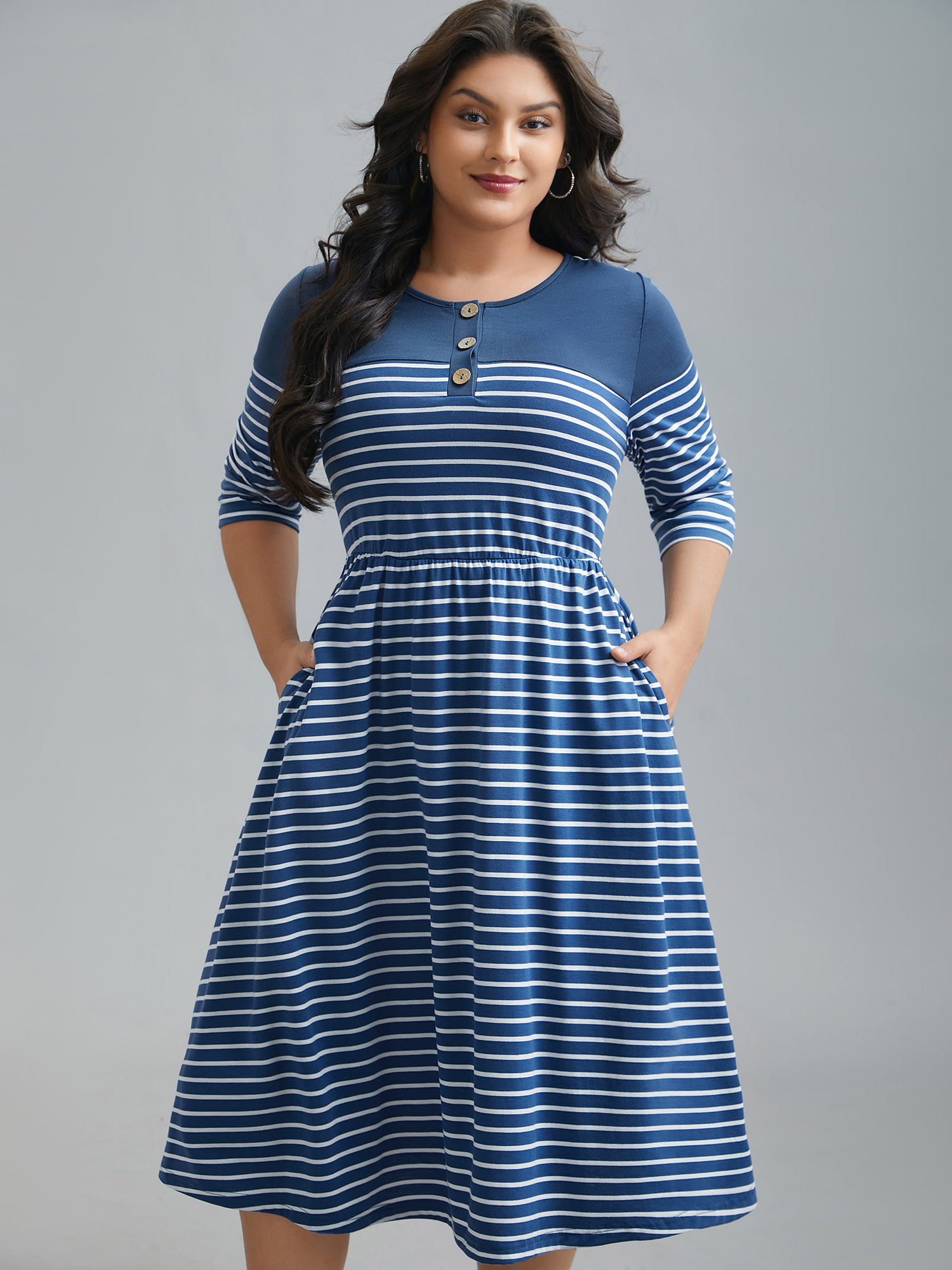 

Plus Size Colorblock Striped Waist-Cinched Midi Dress DarkBlue Women Casual Patchwork Knit Dresses Bloomchic 14/M