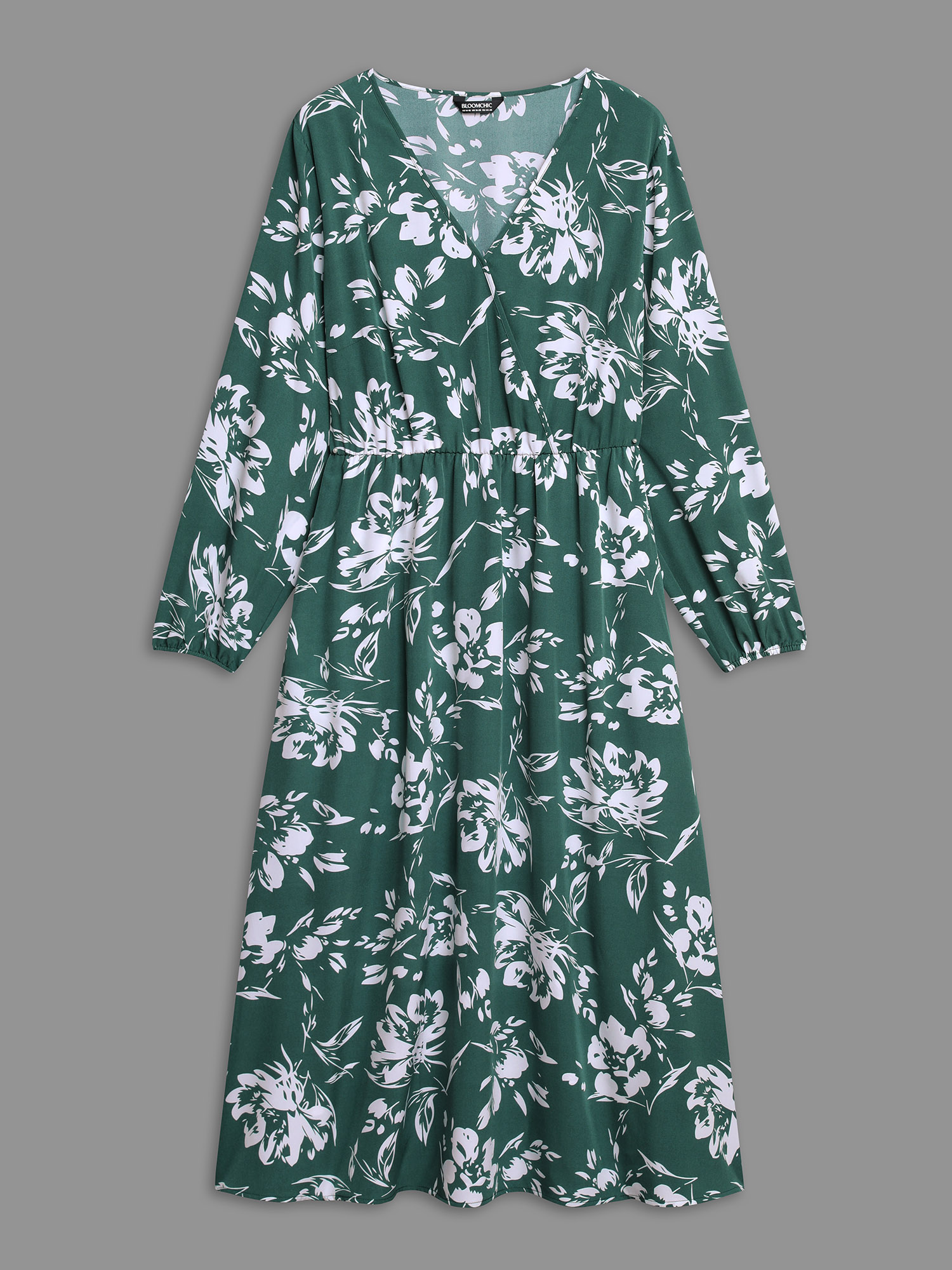 

Plus Size Silhouette Floral Print Waist Cinched Midi Dress Emerald Women Elegant Non Overlap Collar Long Sleeve Curvy BloomChic