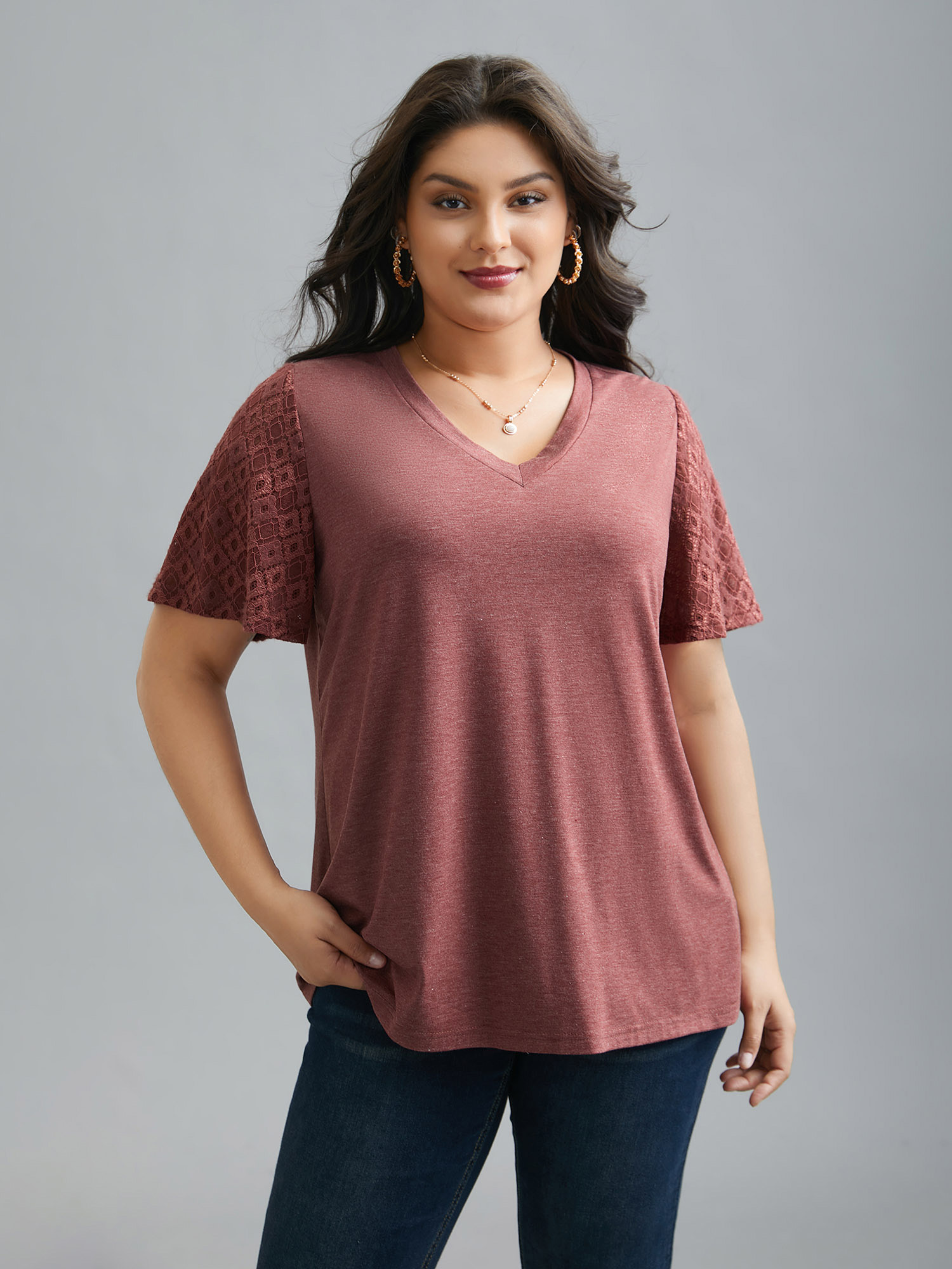 

Plus Size Stretchy Flared Lace Sleeves T-Shirt Russet Women Elegant Patchwork V-neck Everyday T-shirts BloomChic 14/M