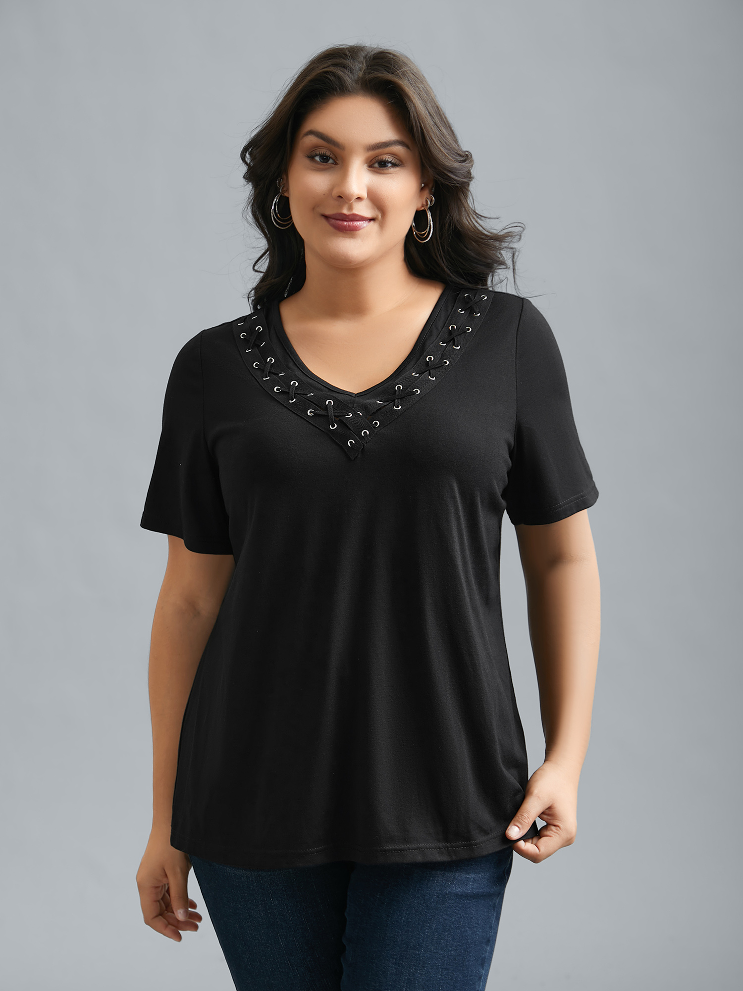 

Plus Size Stretchy V-Neck Hollow Fitted T-Shirt Black Women Casual Eyelet V-neck Everyday T-shirts BloomChic