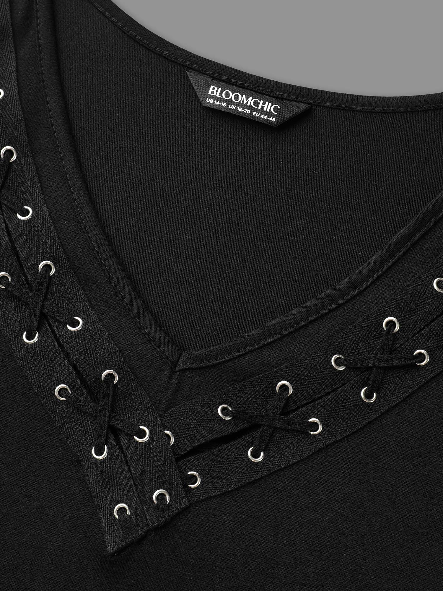 

Plus Size Stretchy V-Neck Hollow Fitted T-Shirt Black Women Casual Eyelet V-neck Everyday T-shirts BloomChic