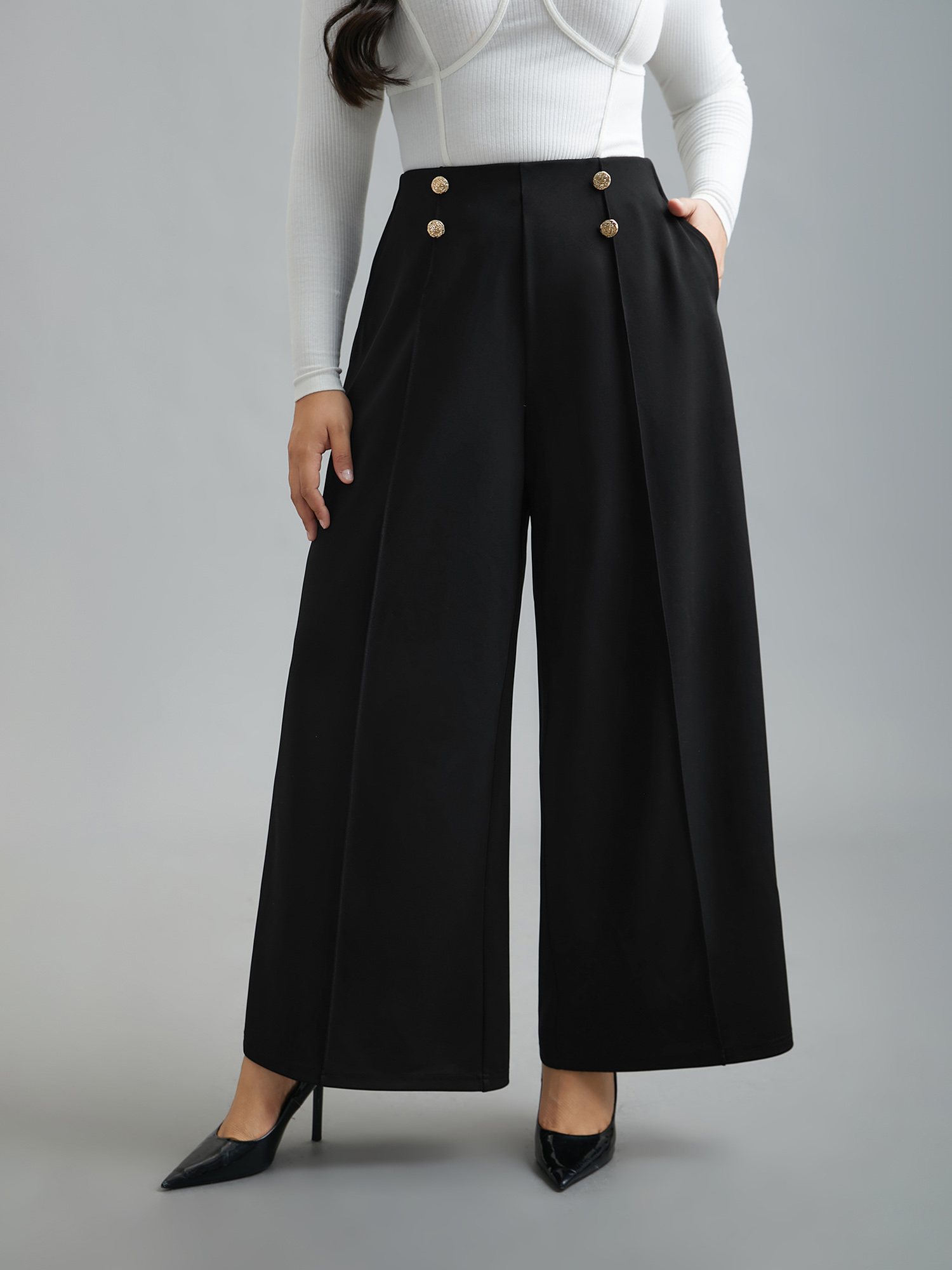 

Plus Size No-Gap Waist Seamed Side Button Pants Women Black Workwear Essentials Wide Leg Mid Rise Work Pants BloomChic 34/6X