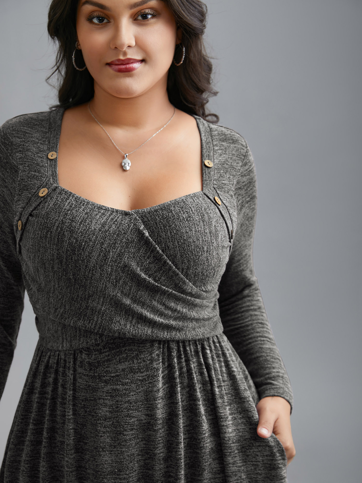 

Plus Size Heart Neckline Button Detailing Crossover Fit Dress DimGray Women Casual Gathered Knit Dresses Bloomchic