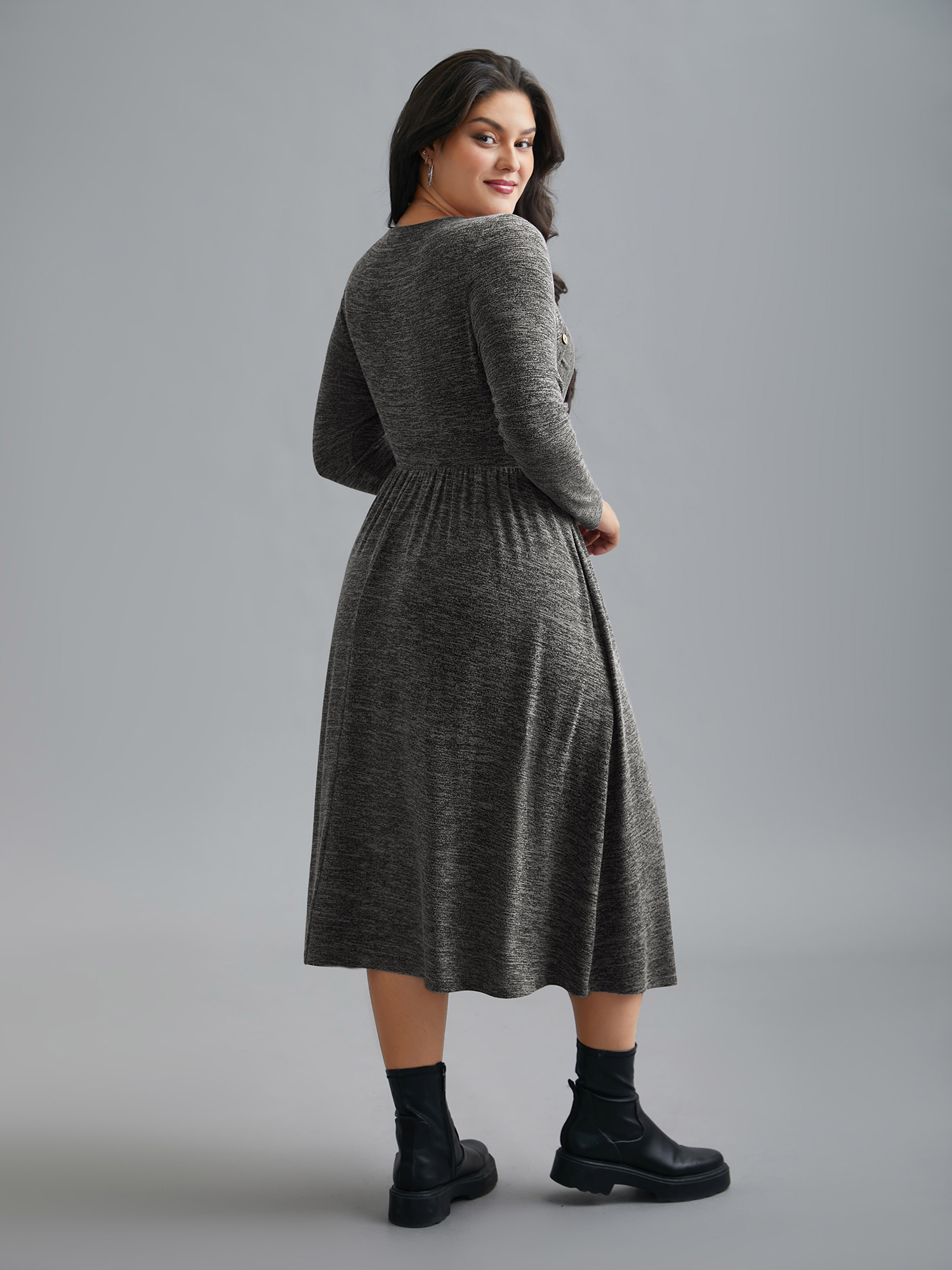 

Plus Size Heart Neckline Button Detailing Crossover Fit Dress DimGray Women Casual Gathered Knit Dresses Bloomchic