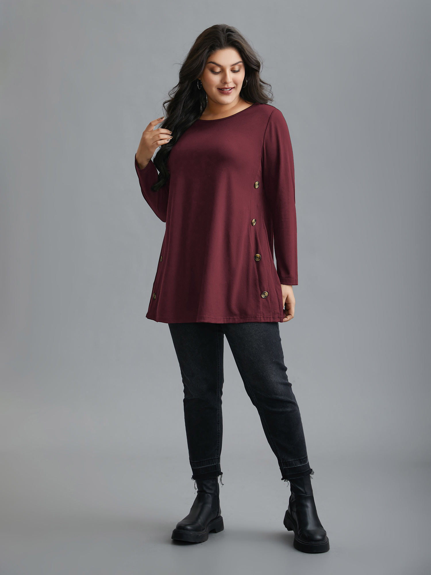 

Plus Size Round Neck Button Slim-Fit Knit Top Scarlet Round Neck Extra Long Sleeve Casual Jersey Tops