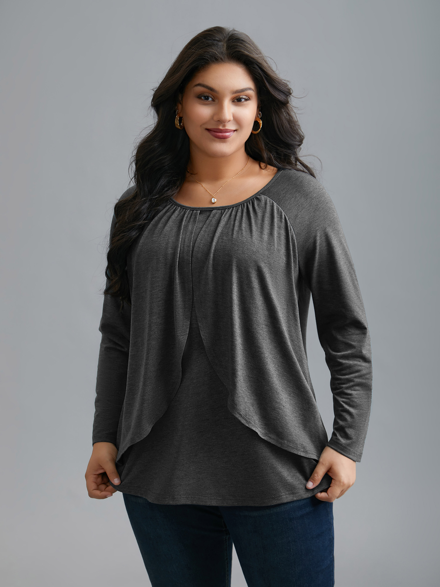 

Plus Size 2-In-1 Gathered Ruffle Trim T-Shirt DarkGray Women Elegant Gathered Round Neck Everyday T-shirts BloomChic