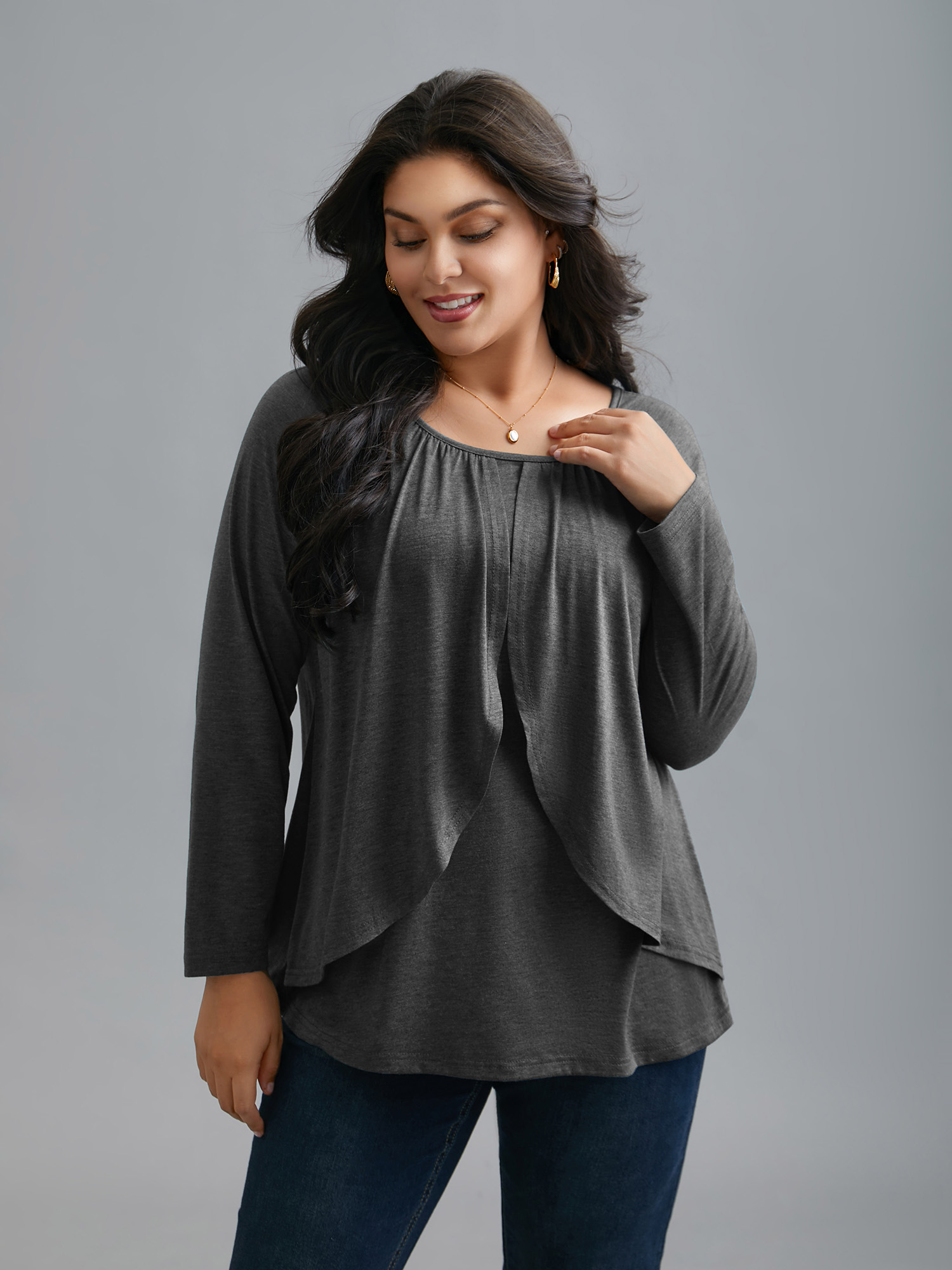 

Plus Size 2-In-1 Gathered Ruffle Trim T-Shirt DarkGray Women Elegant Gathered Round Neck Everyday T-shirts BloomChic