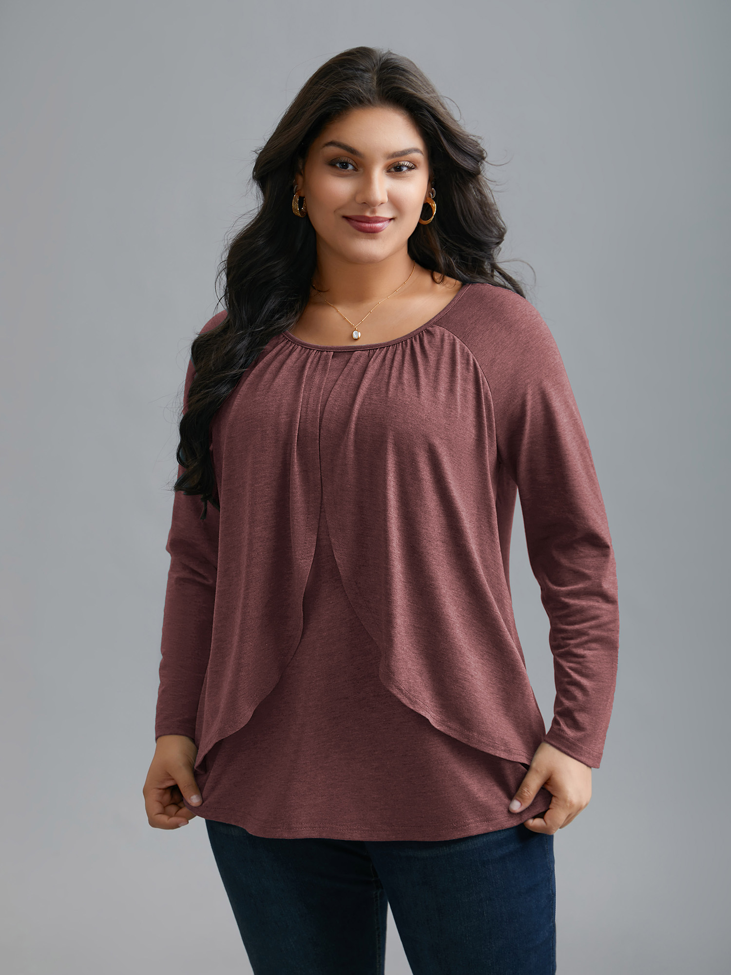 

Plus Size 2-In-1 Gathered Ruffle Trim T-Shirt Deepred Women Elegant Gathered Round Neck Everyday T-shirts BloomChic