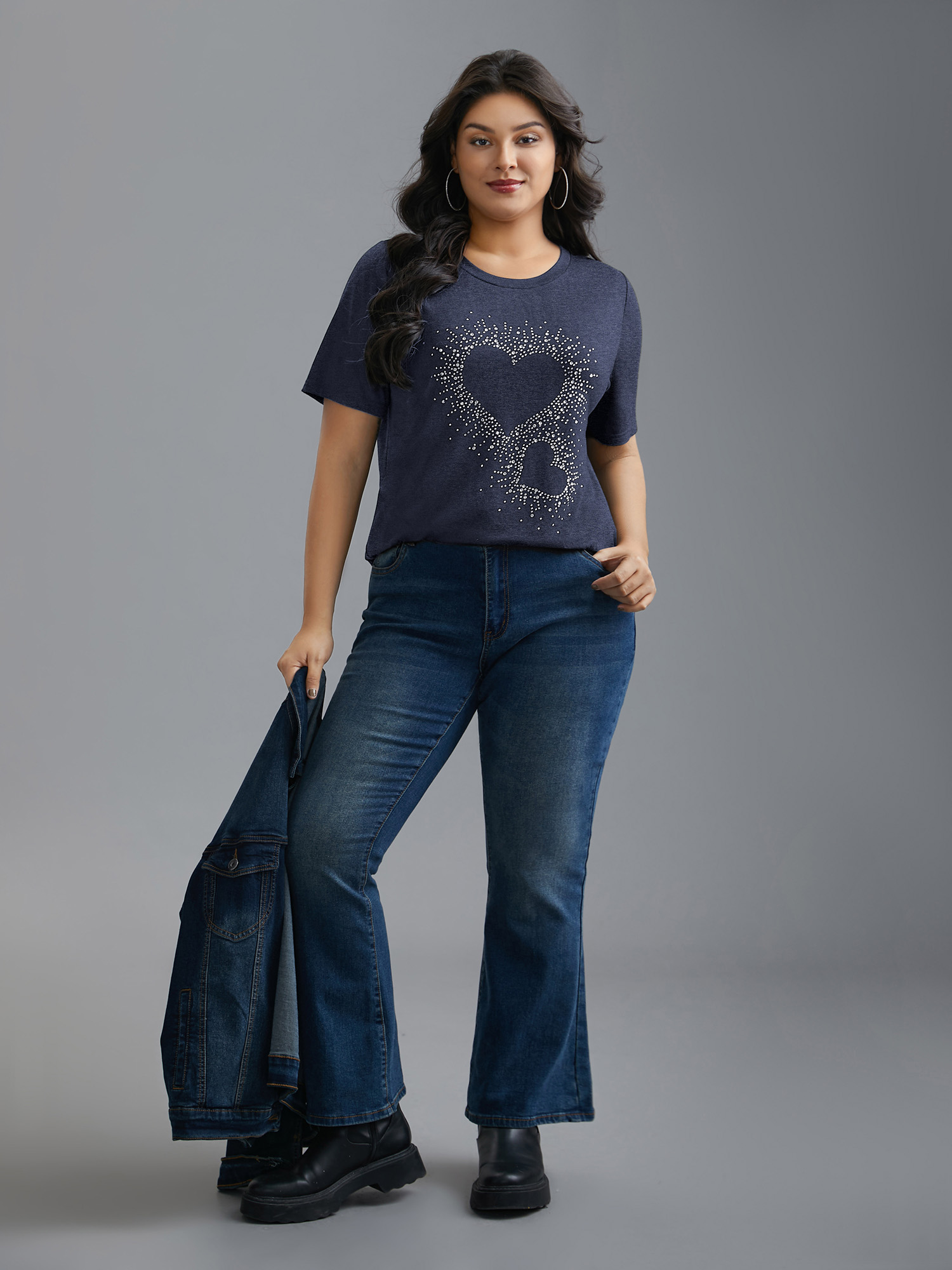 

Plus Size Crew Neck Rhinestone Heart T-Shirt DarkBlue Women Casual Rhinestone detailing Round Neck Everyday T-shirts BloomChic