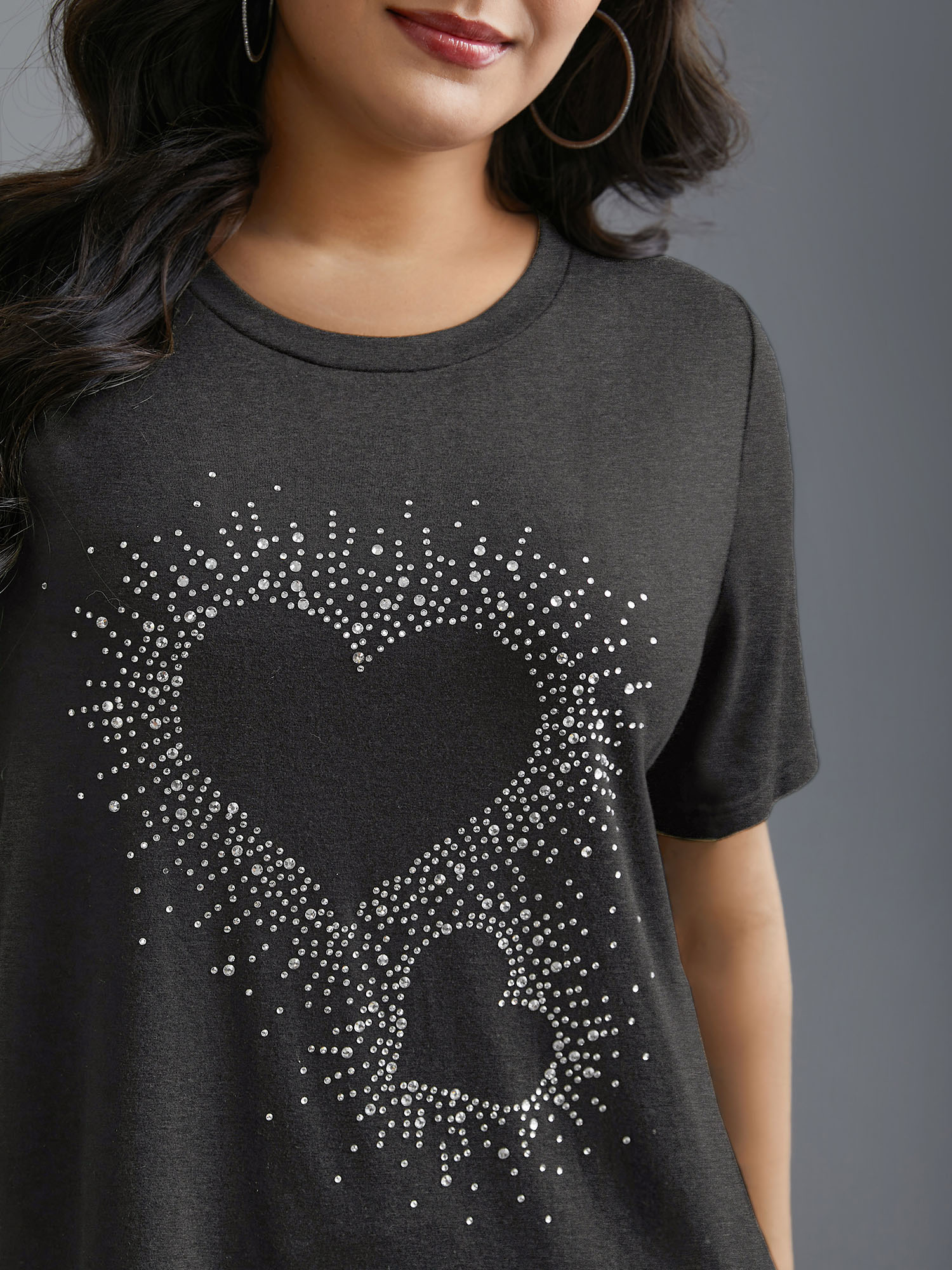 

Plus Size Crew Neck Rhinestone Heart T-Shirt DarkGray Women Casual Rhinestone detailing Round Neck Everyday T-shirts BloomChic