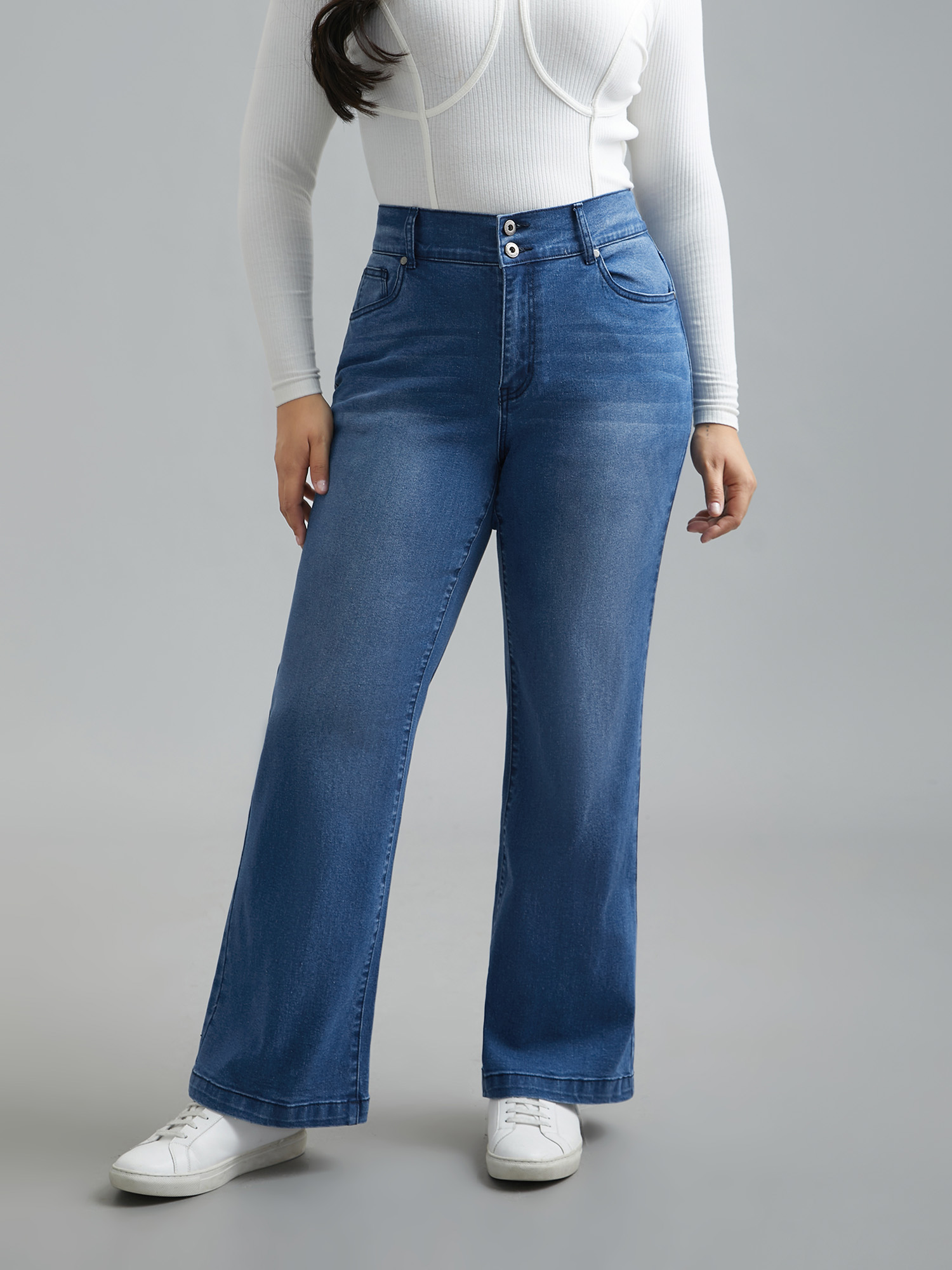 

Plus Size Whiskered Stretchy Waist Bootcut Jeans Women Midblue Elegant Button Medium stretch Slanted pocket Jeans BloomChic 34/6X