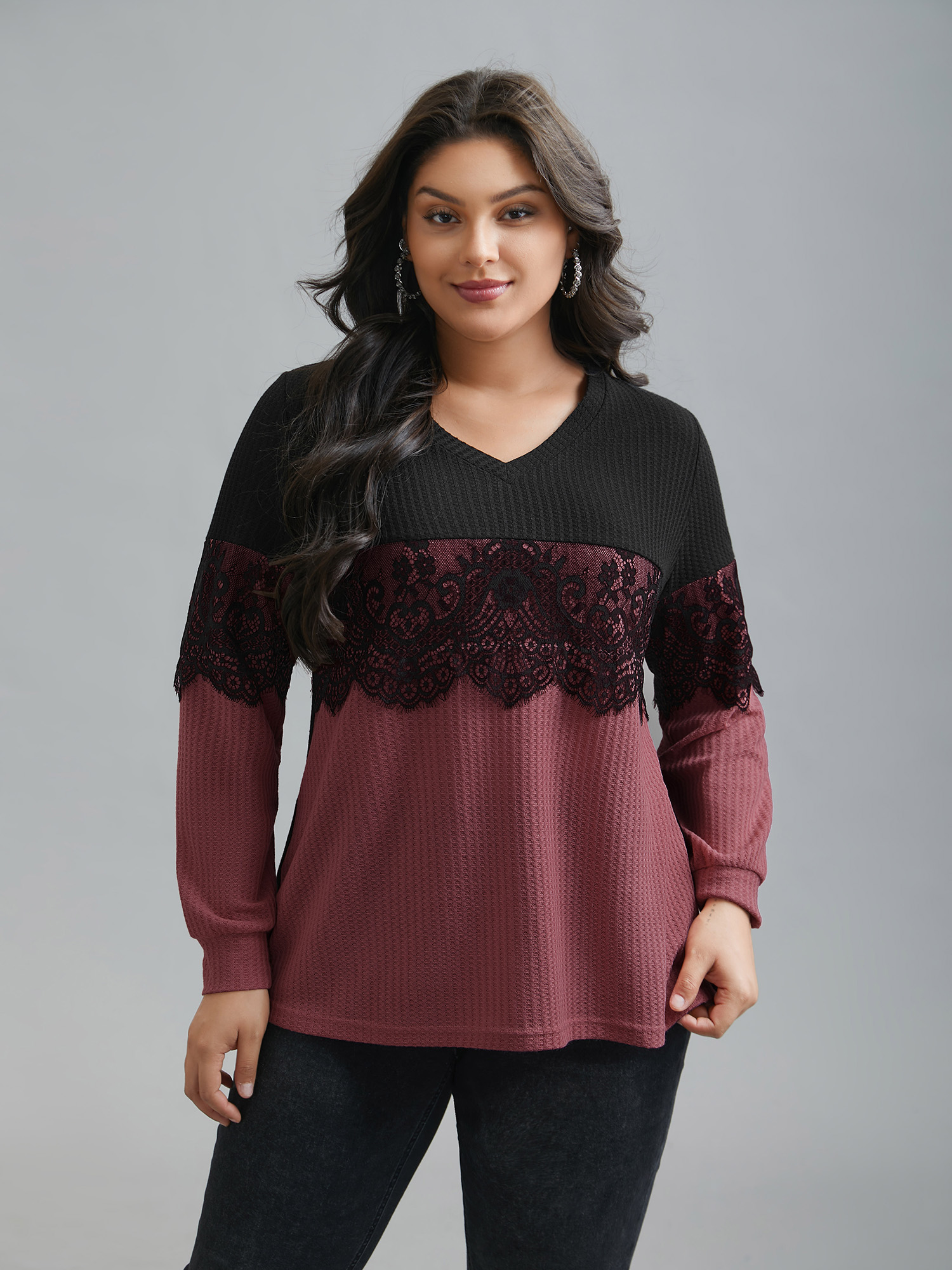 

Plus Size Crochet Lace Mesh Contrast Patchwork Top Burgundy V-neck Extra Long Sleeve Casual Jersey Tops