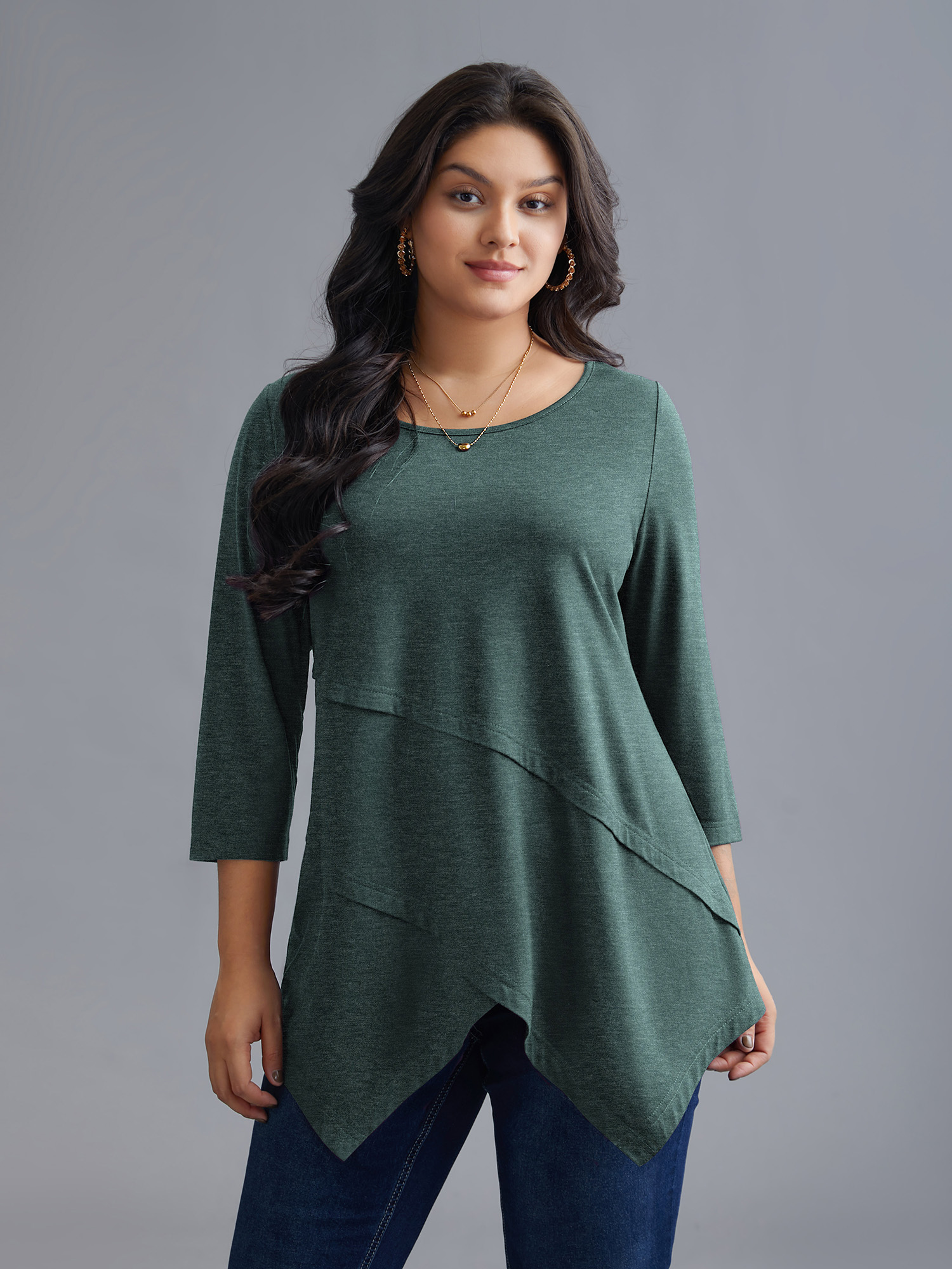 

Plus Size Asymmetrical Hem Overlap Long T-shirt DarkSlateGray Women Elegant Tucked seam Round Neck Loose Everyday T-shirts BloomChic