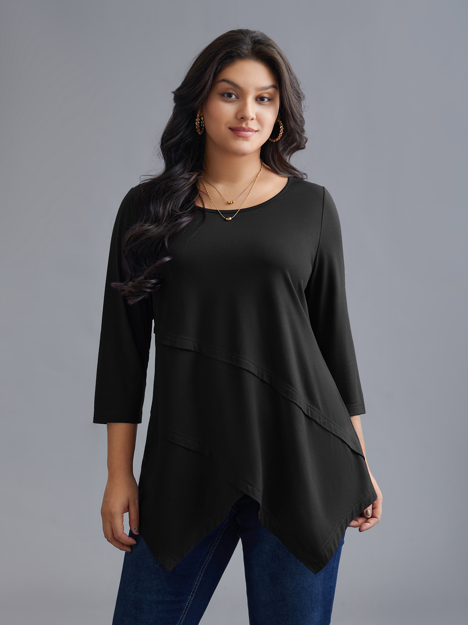 

Plus Size Asymmetrical Hem Overlap Long T-shirt Black Women Elegant Tucked seam Round Neck Loose Everyday T-shirts BloomChic