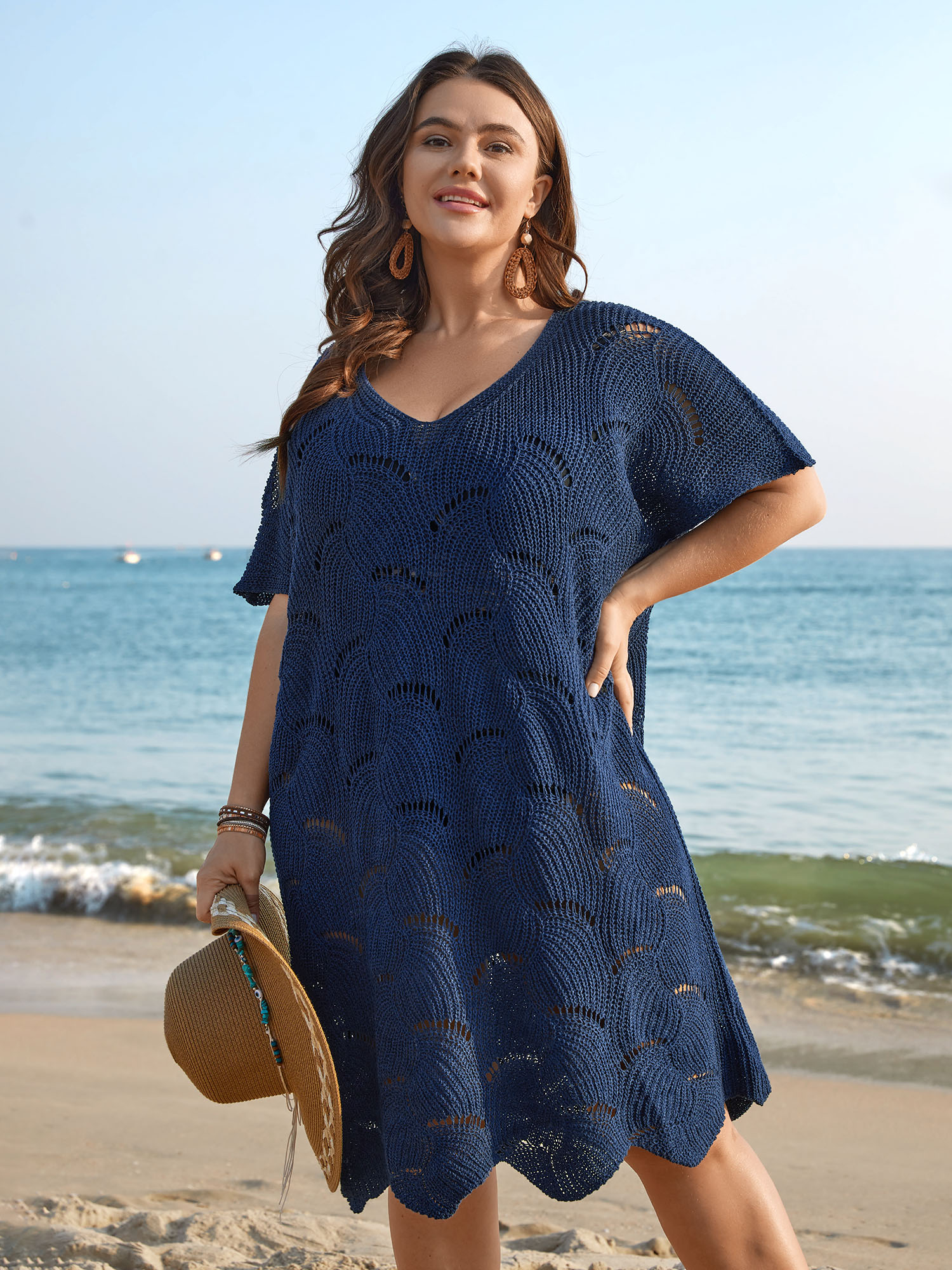 

Plus Size Cut-Out Solid V-Neck Swimsuit Coverup Women's Swimwear Indigo Beach Loose Texture Curve Swim Cover Ups BloomChic 16/L