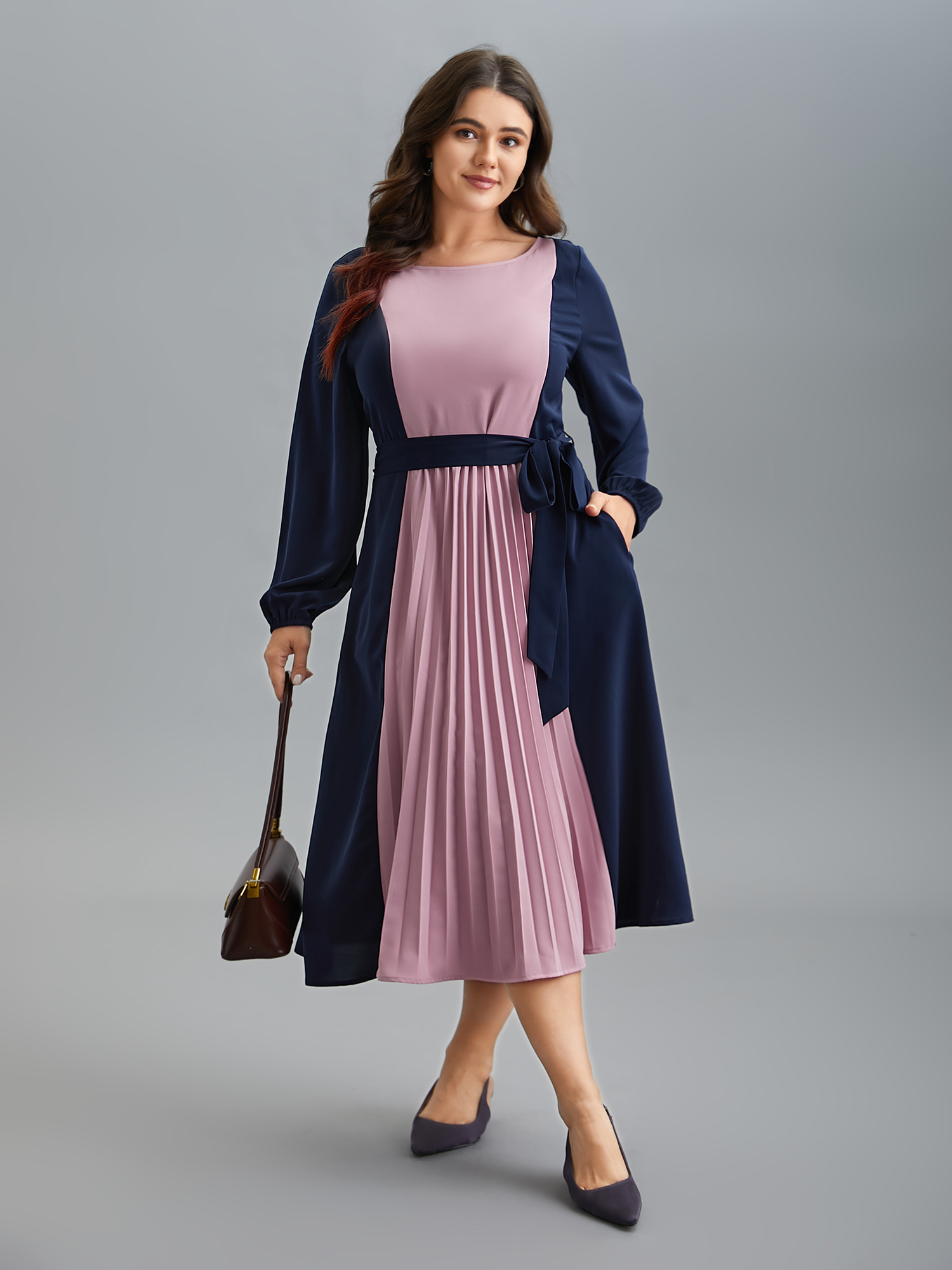 Plus Size Color-Block Stretchy Waist-Cinched Pockets Dress Indigo Women At the Office Belted Boat Neck Long Sleeve Curvy BloomChic 12/L 