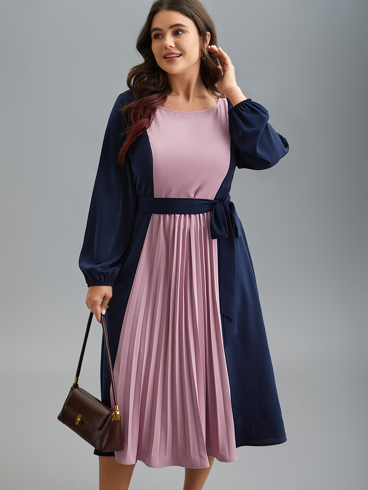 

Plus Size Color-Block Stretchy Waist-Cinched Pockets Dress Indigo Women At the Office Belted Boat Neck Long Sleeve Curvy BloomChic