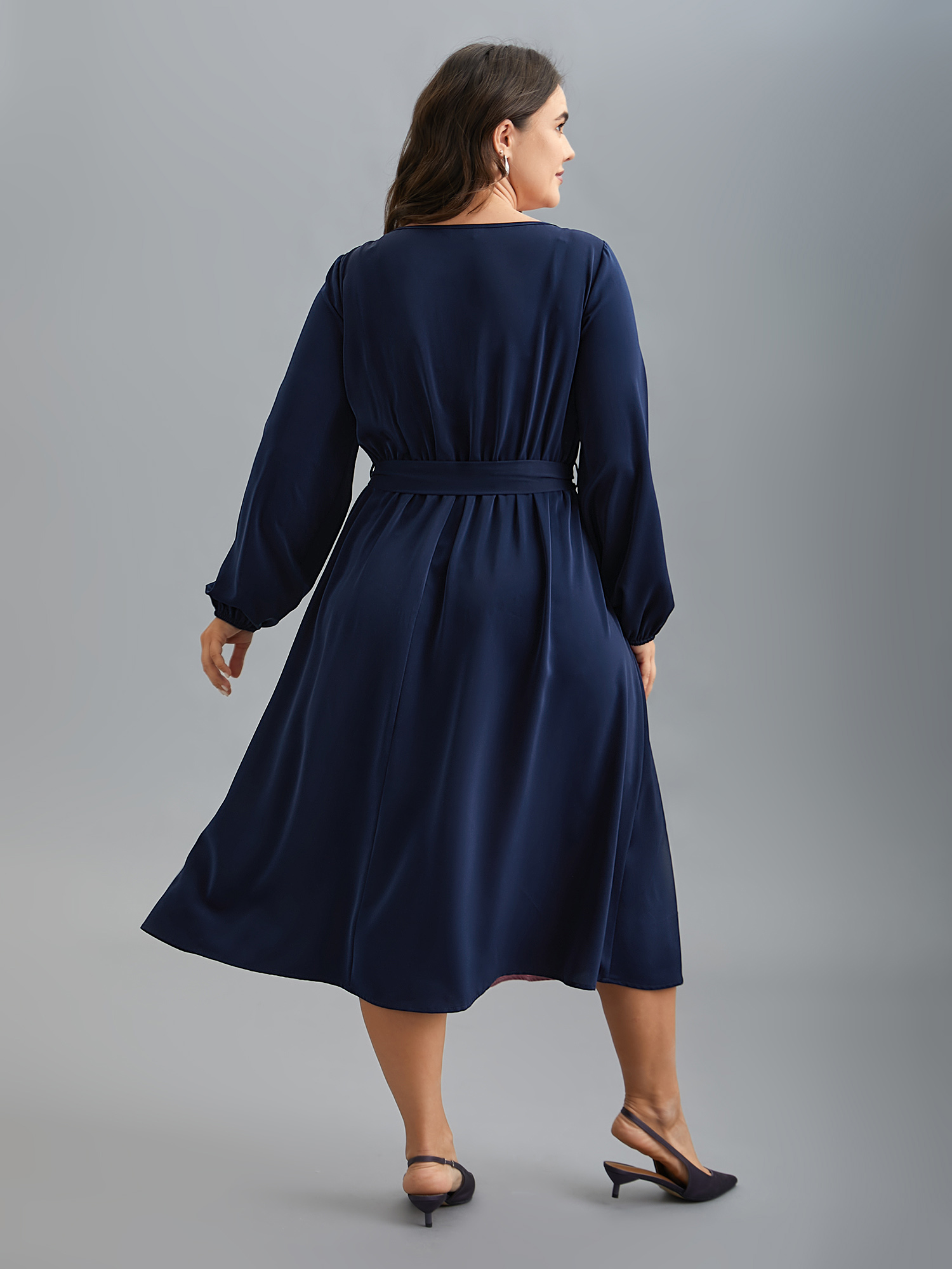 Plus Size Color-Block Stretchy Waist-Cinched Pockets Dress Indigo Women At the Office Belted Boat Neck Long Sleeve Curvy BloomChic 12/L 