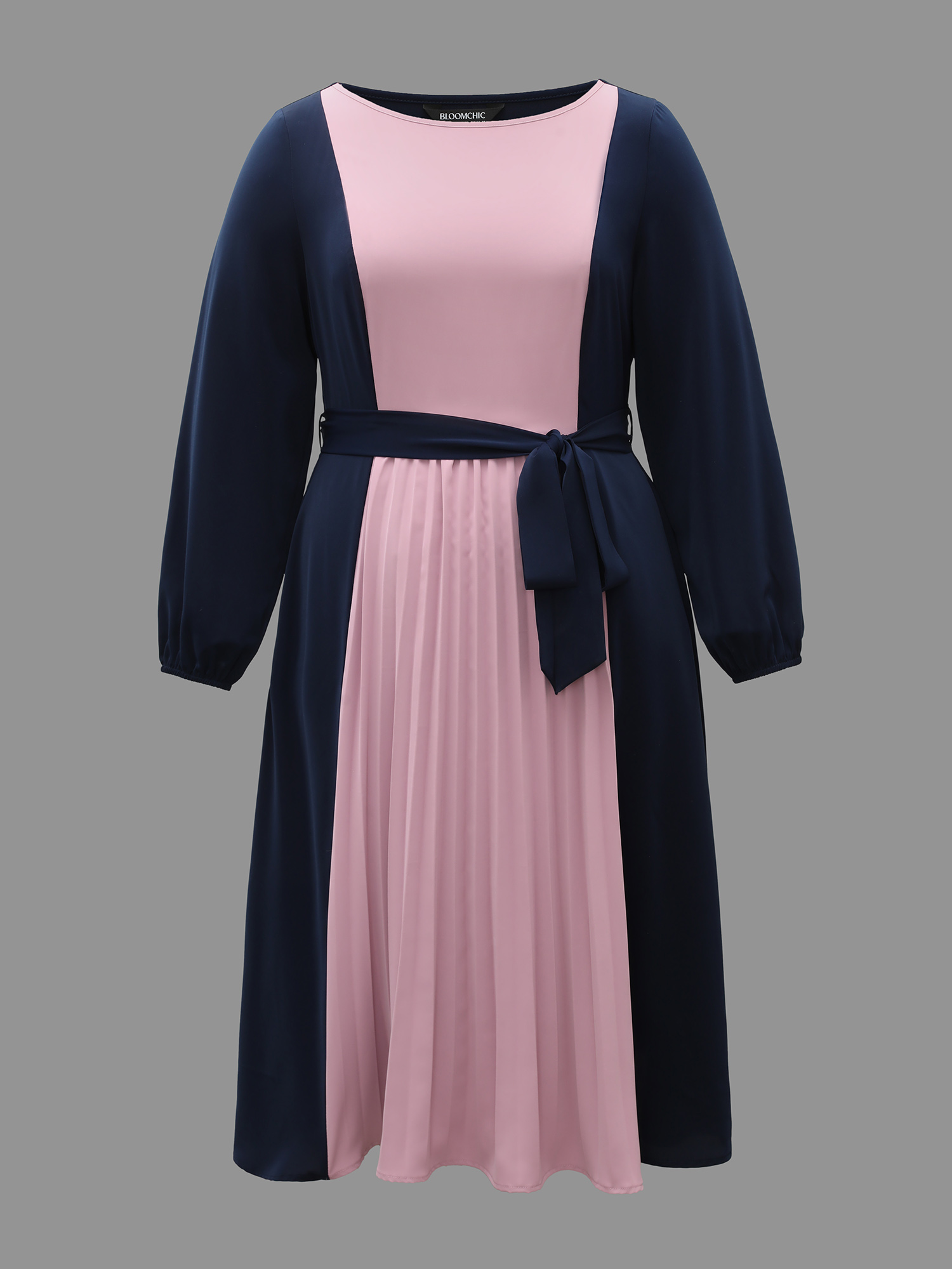 Plus Size Color-Block Stretchy Waist-Cinched Pockets Dress Indigo Women At the Office Belted Boat Neck Long Sleeve Curvy BloomChic 12/L 