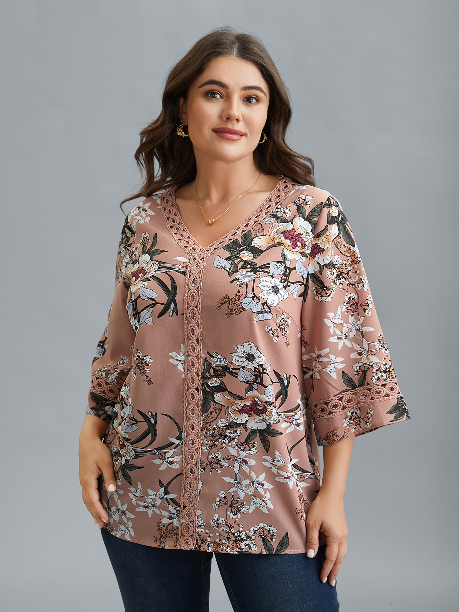 

Plus Size Dirtypink Blooming Flower Print Webbing Spliced Blouse Women Elegant Elbow-length sleeve V-neck Everyday Blouses BloomChic